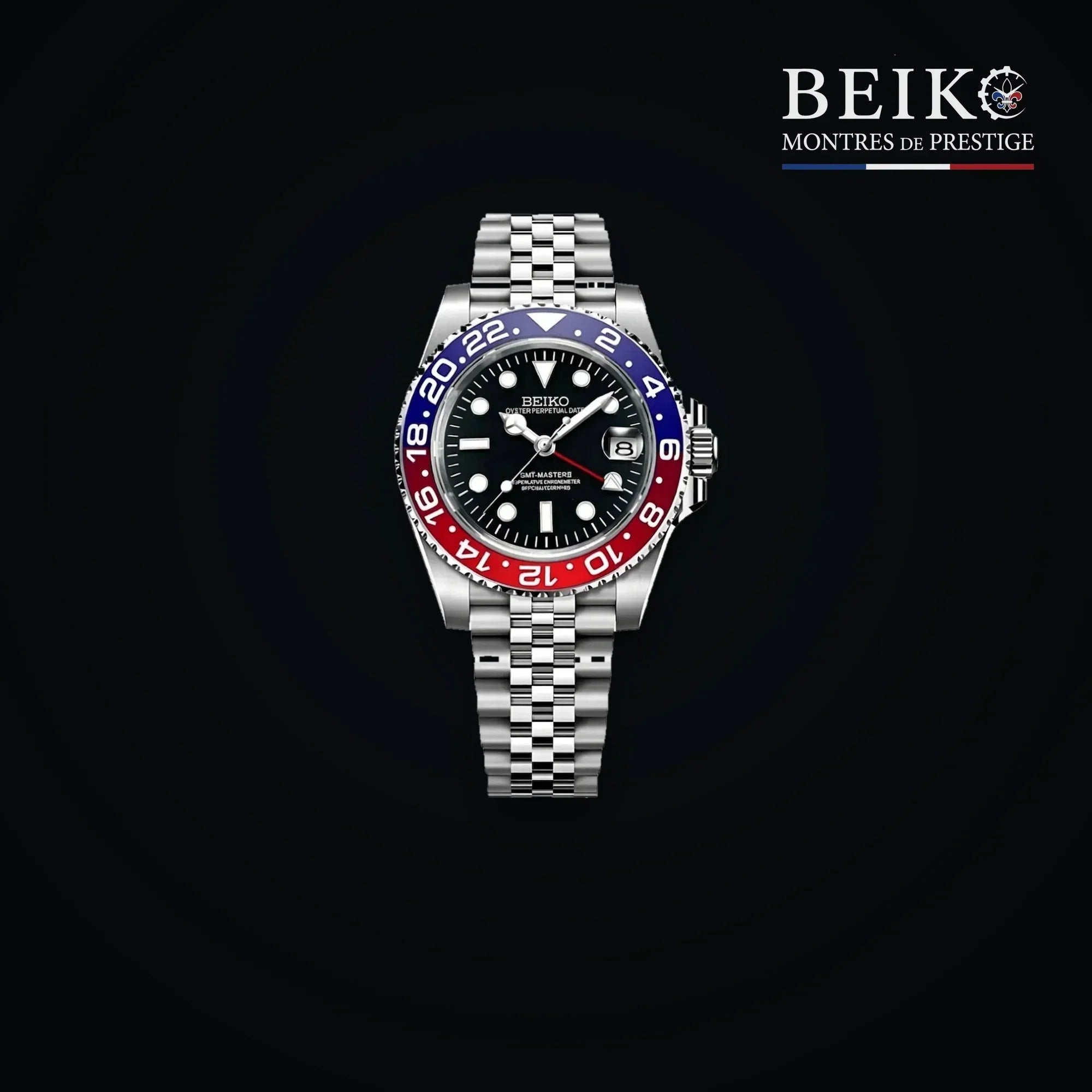 Seiko Mod GMT - double fuseau, lunette bleu et rouge