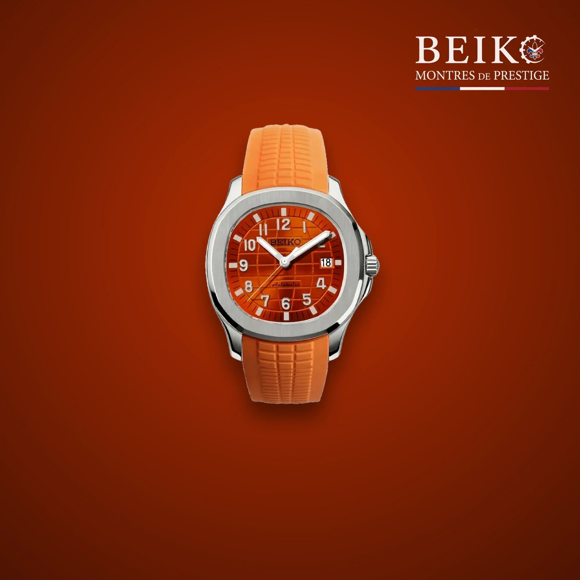 Seiko Mod cadran orange bracelet caoutchouc - montre automatique de prestige pour homme