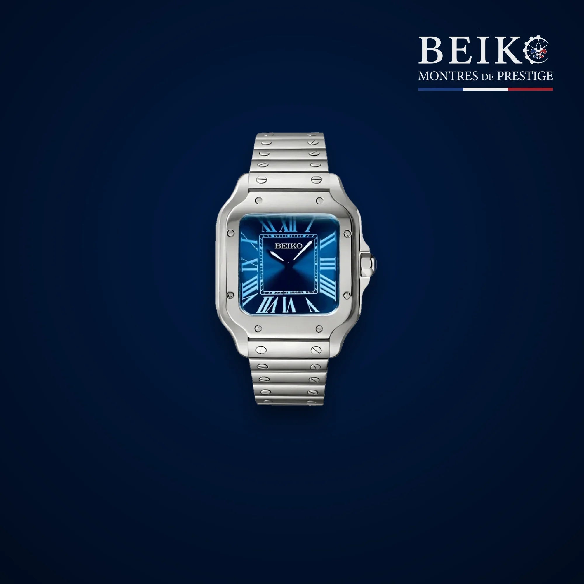 Seiko Mod carree acier cadran bleu a chiffres romains - montre automatique de prestige pour homme
