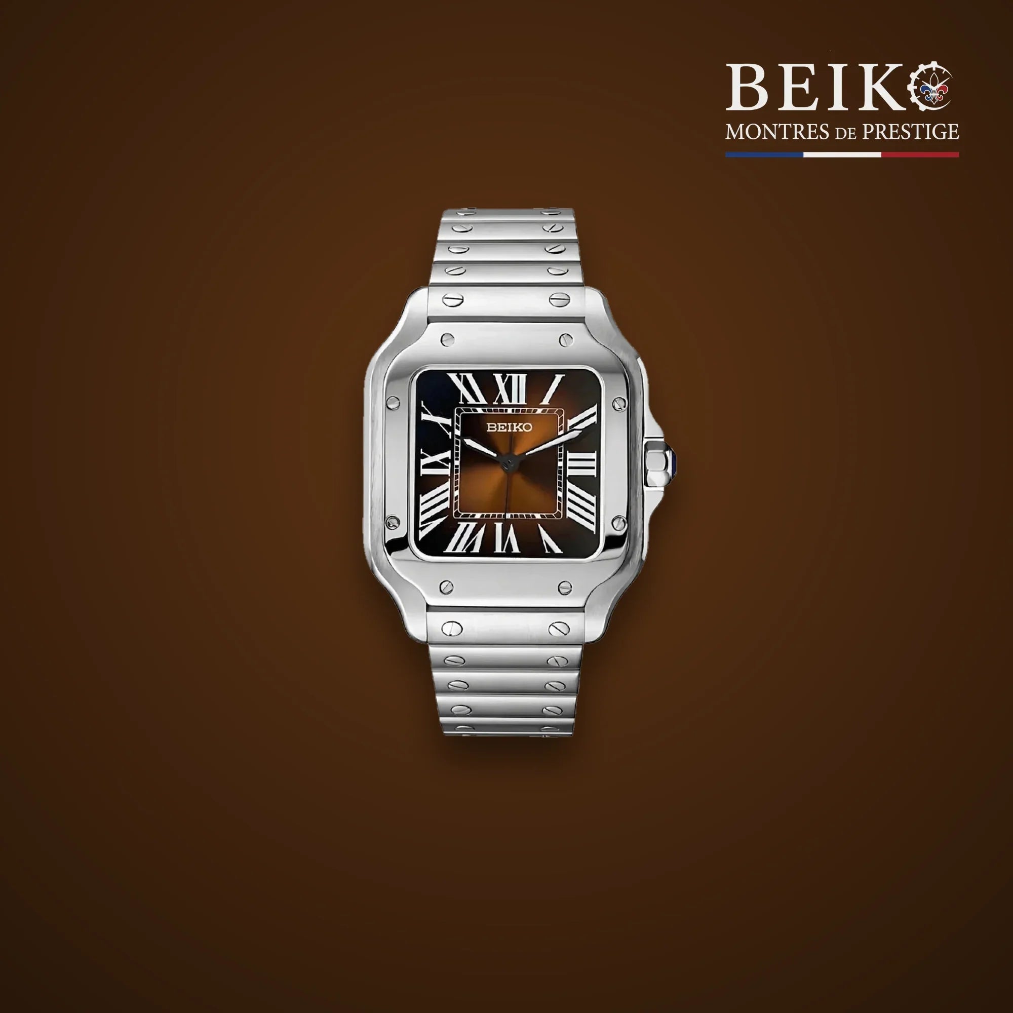 Seiko Mod carree acier cadran marron a chiffres romains - montre automatique de prestige pour homme