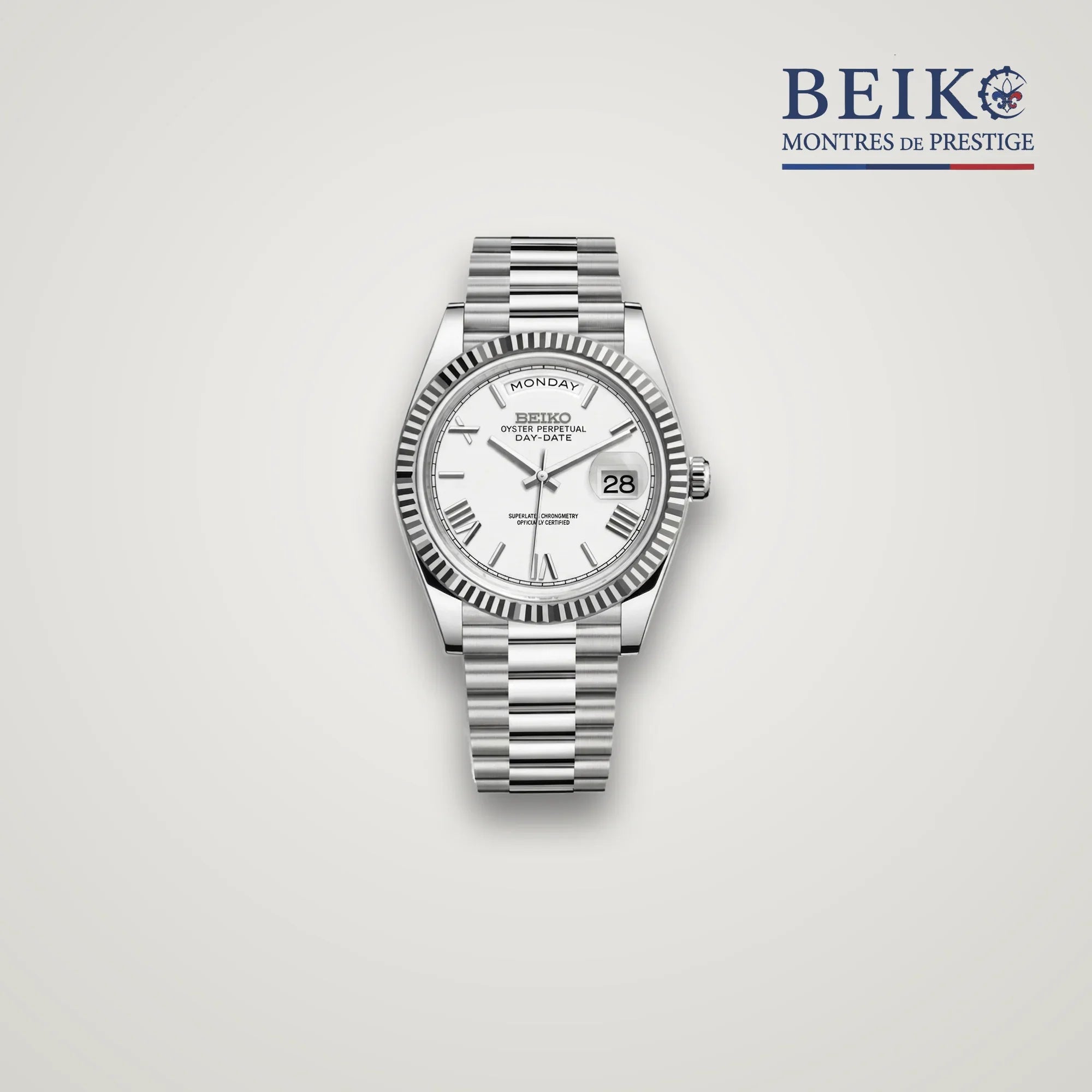 Seiko Mod classique acier cadran blanc romain calendrier - montre automatique de prestige pour homme