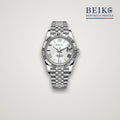 Seiko Mod classique acier cadran blanc romain a lunette cannelee - montre automatique de prestige pour homme