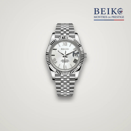 Seiko Mod classique acier cadran blanc romain a lunette cannelee - montre automatique de prestige pour homme