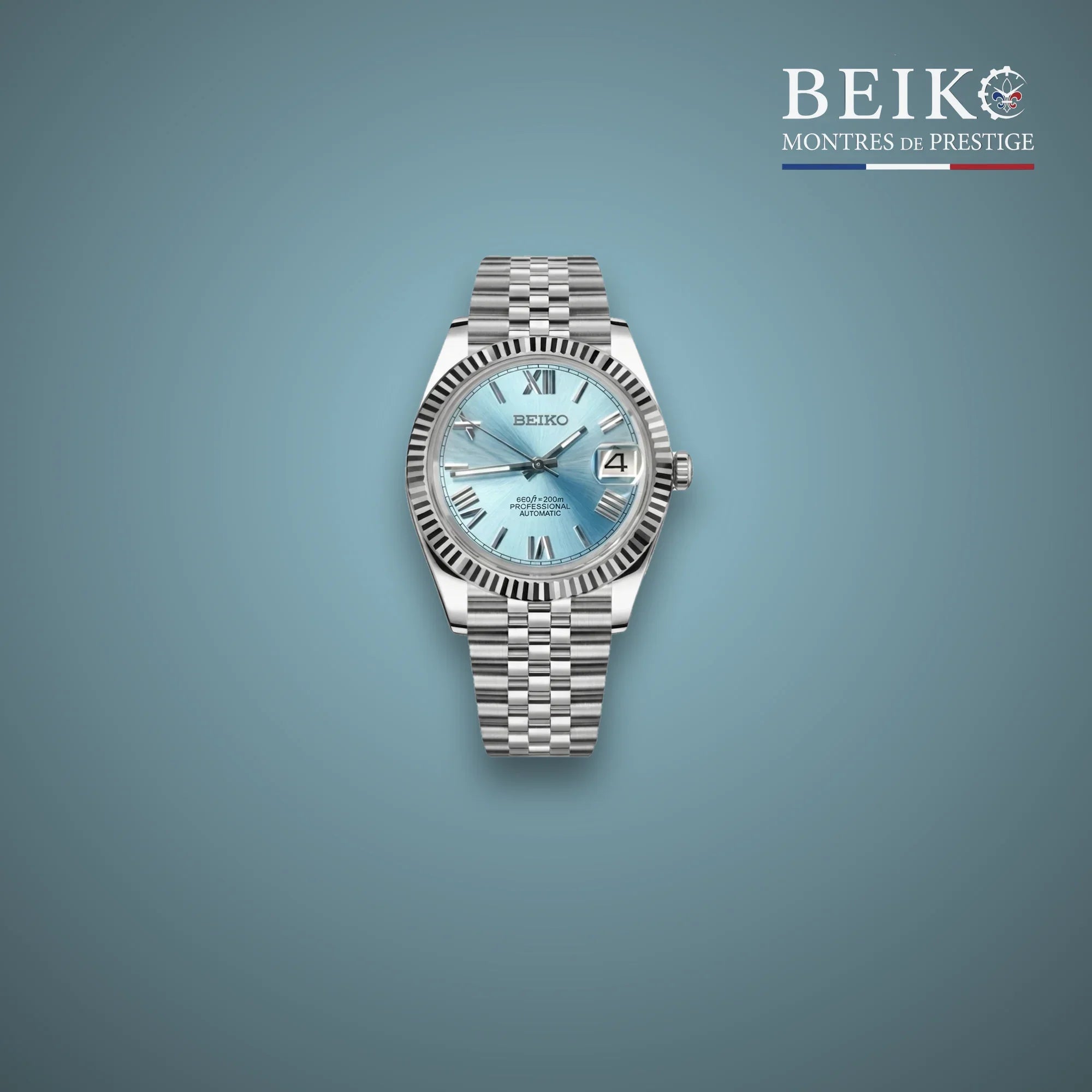 Seiko Mod classique acier cadran bleu glacier a lunette cannelee - montre automatique de prestige pour homme