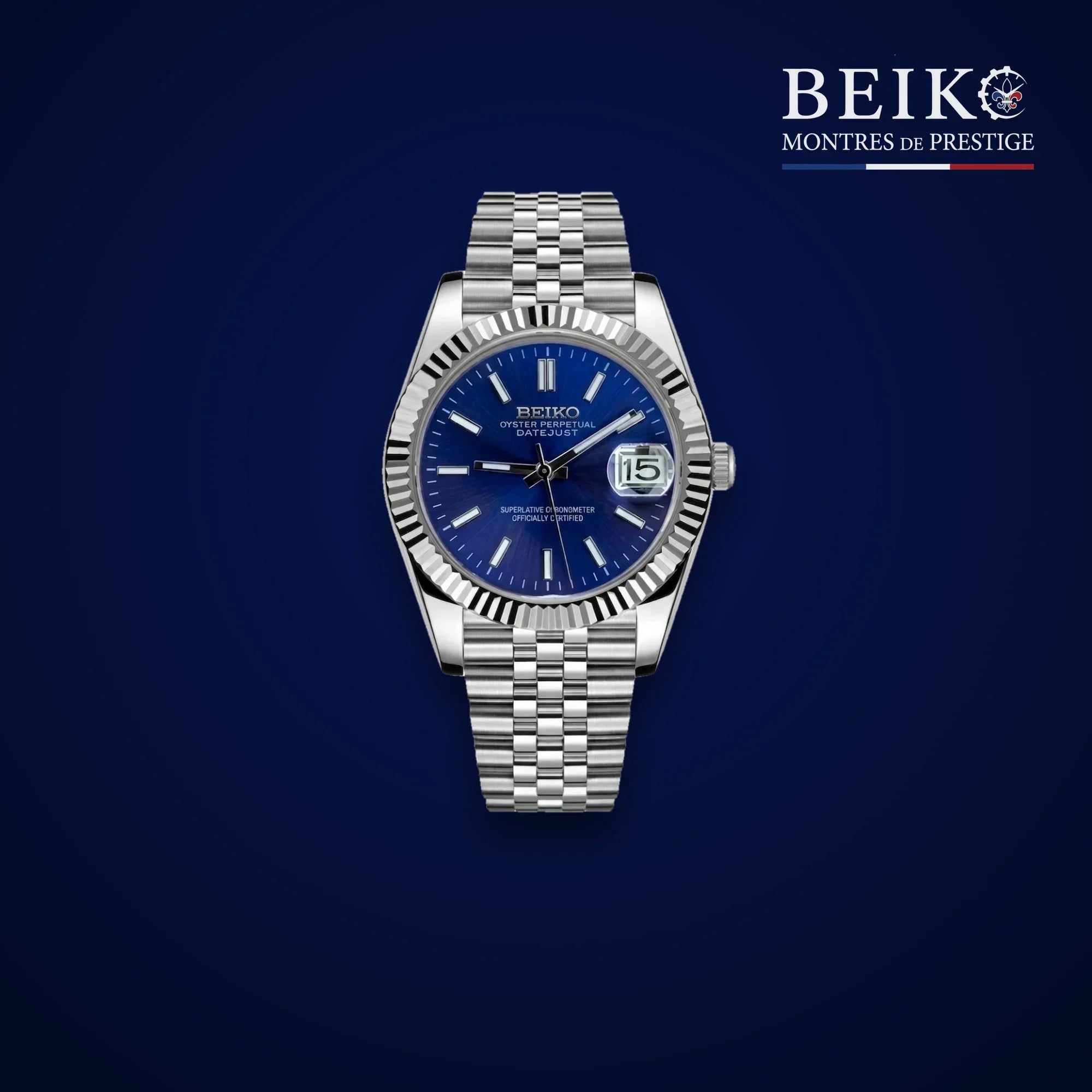 Seiko Mod classique acier cadran bleu a lunette cannelee - montre automatique de prestige pour homme
