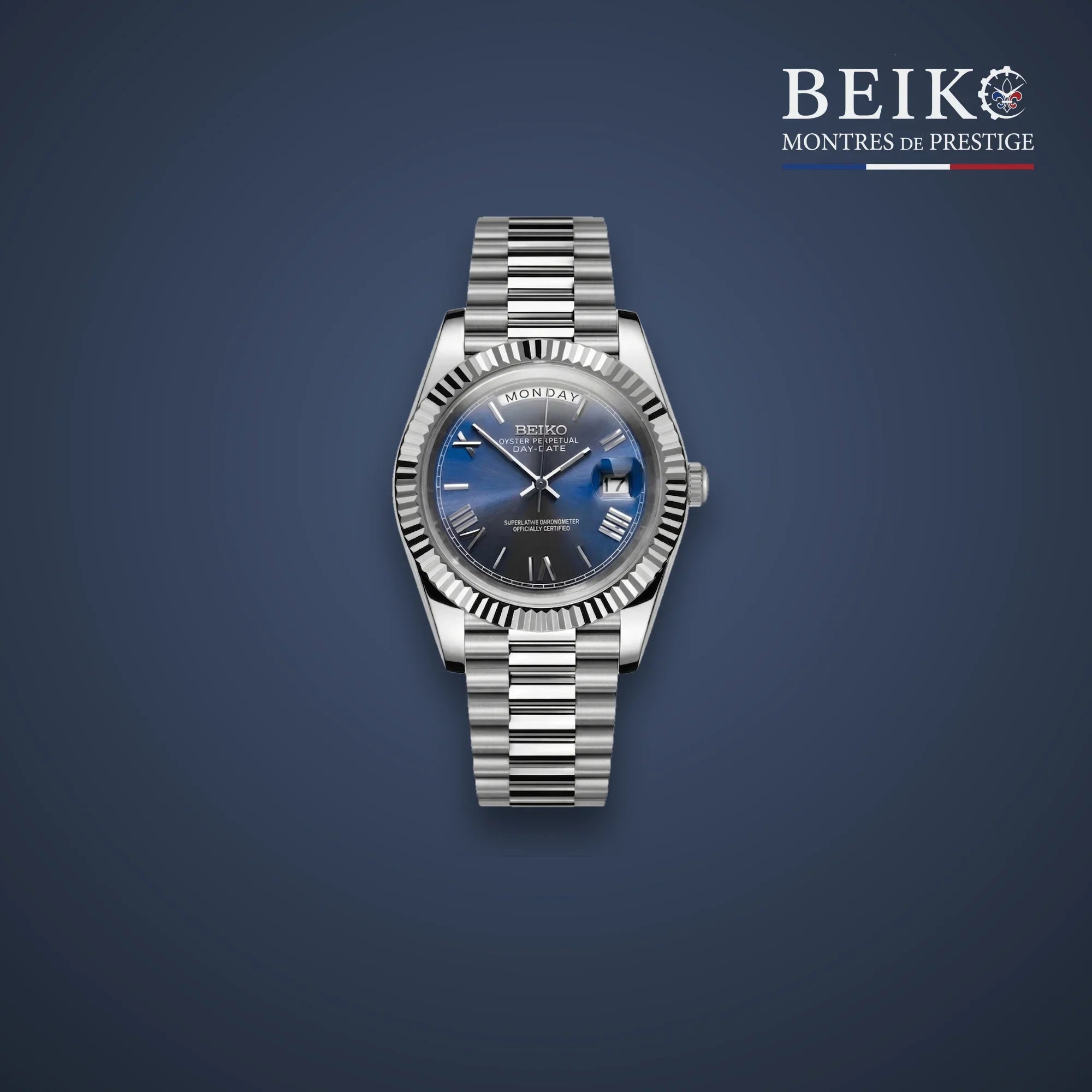 Seiko Mod classique acier cadran bleu romain calendrier - montre automatique de prestige pour homme