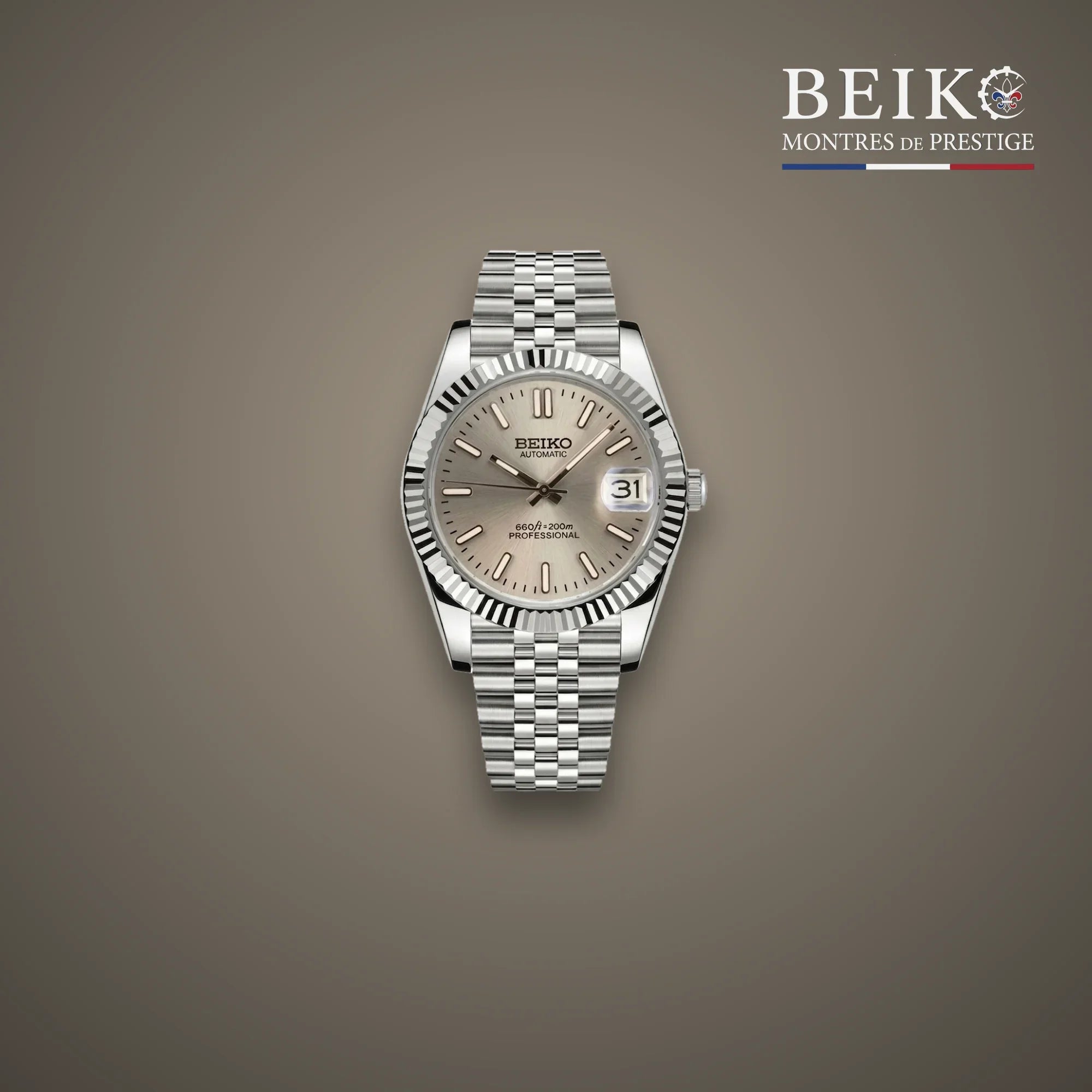 Seiko Mod classique acier cadran champagne a lunette cannelee - montre automatique de prestige pour homme