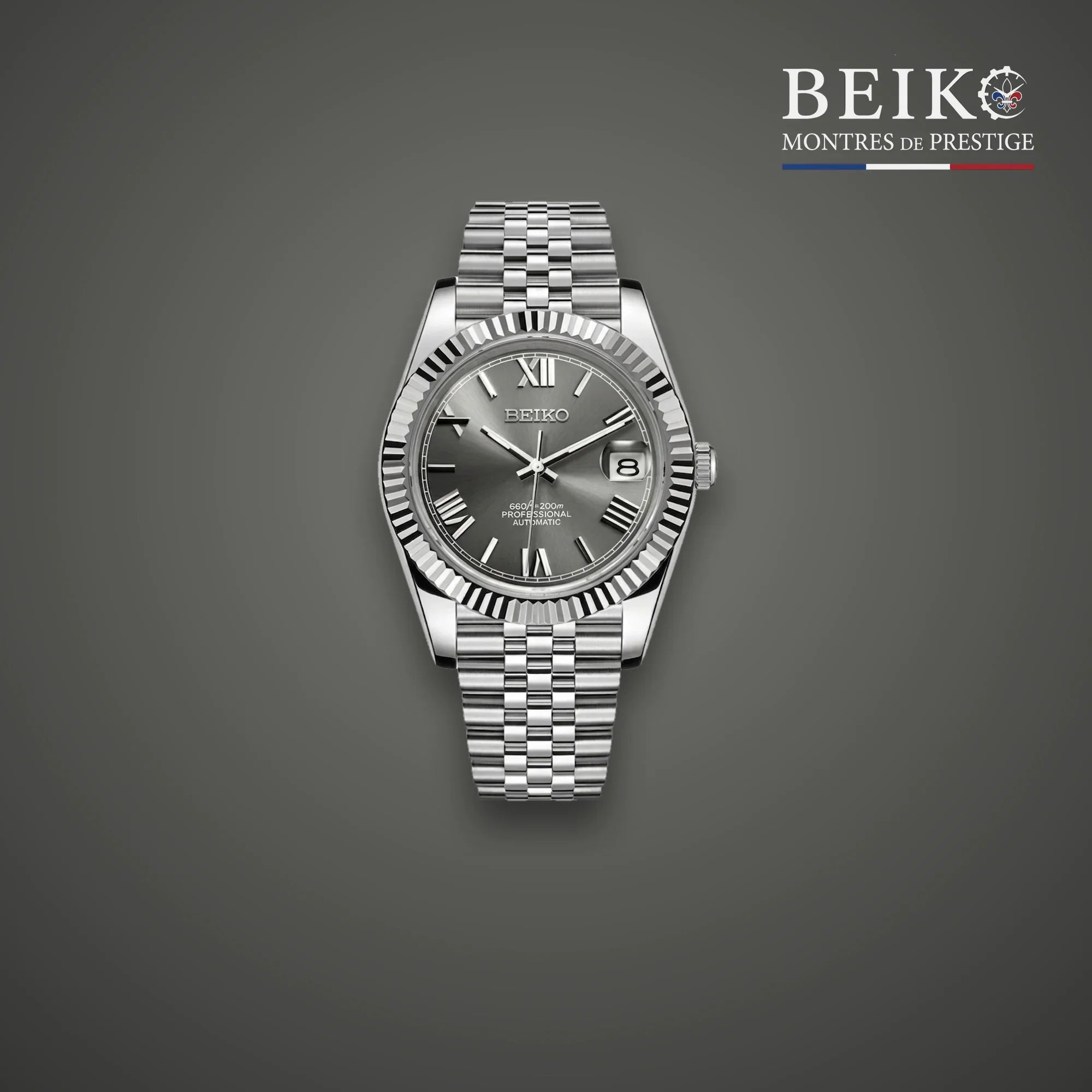 Seiko Mod classique acier cadran gris romain a lunette cannelee - montre automatique de prestige pour homme