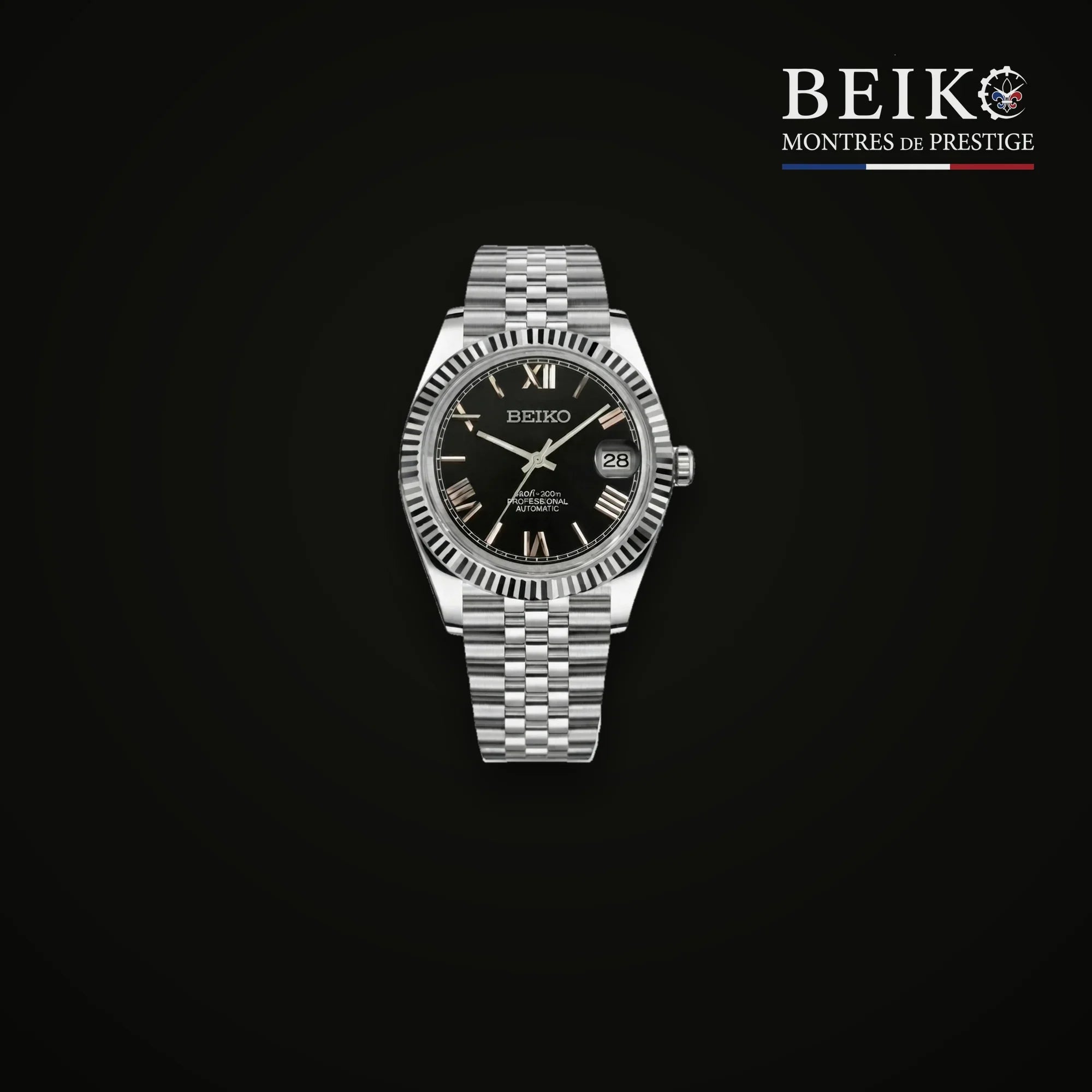Seiko Mod classique acier cadran noir a lunette cannelee - montre automatique de prestige pour homme
