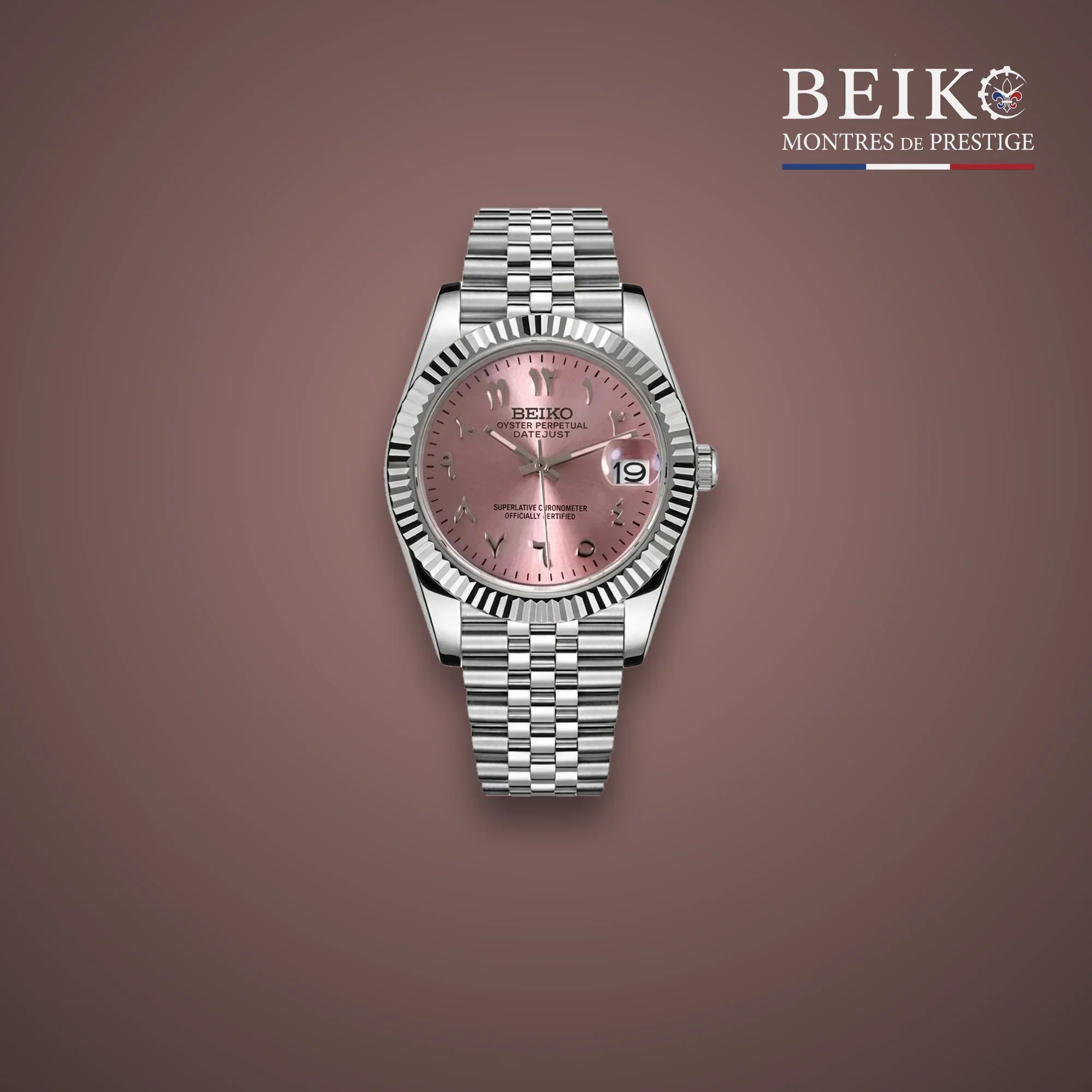 Seiko Mod classique acier cadran rose a lunette cannelee - montre automatique de prestige pour homme