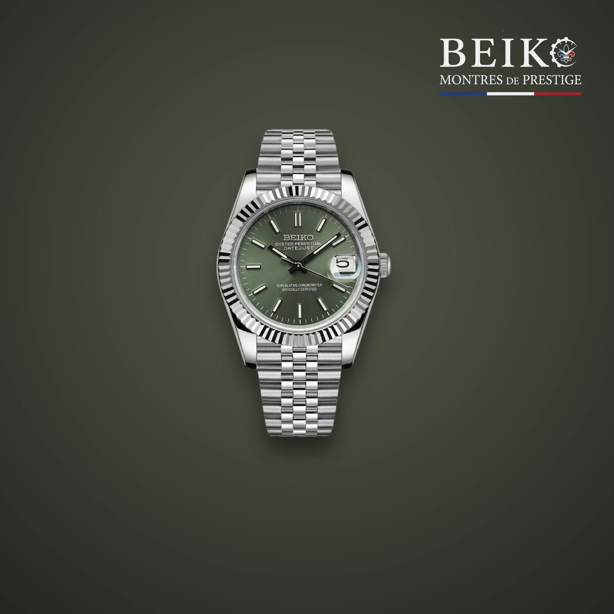 Seiko Mod classique acier cadran vert gris a lunette cannelee - montre automatique de prestige pour homme