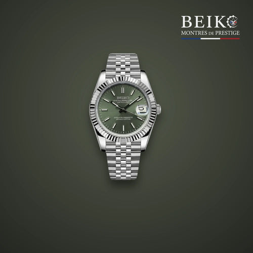 Seiko Mod classique acier cadran vert gris a lunette cannelee - montre automatique de prestige pour homme