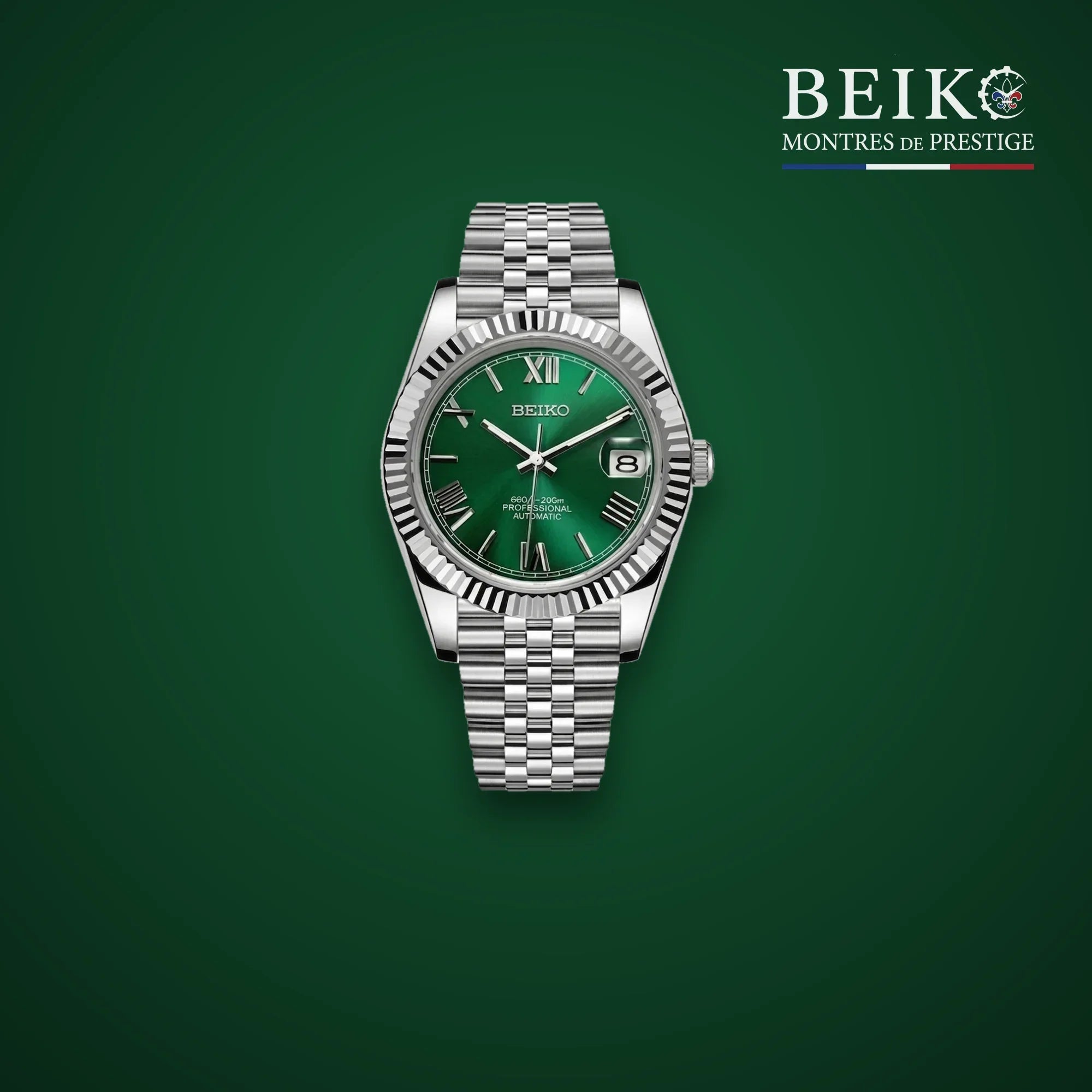 Seiko Mod classique acier cadran vert a lunette cannelee - montre automatique de prestige pour homme