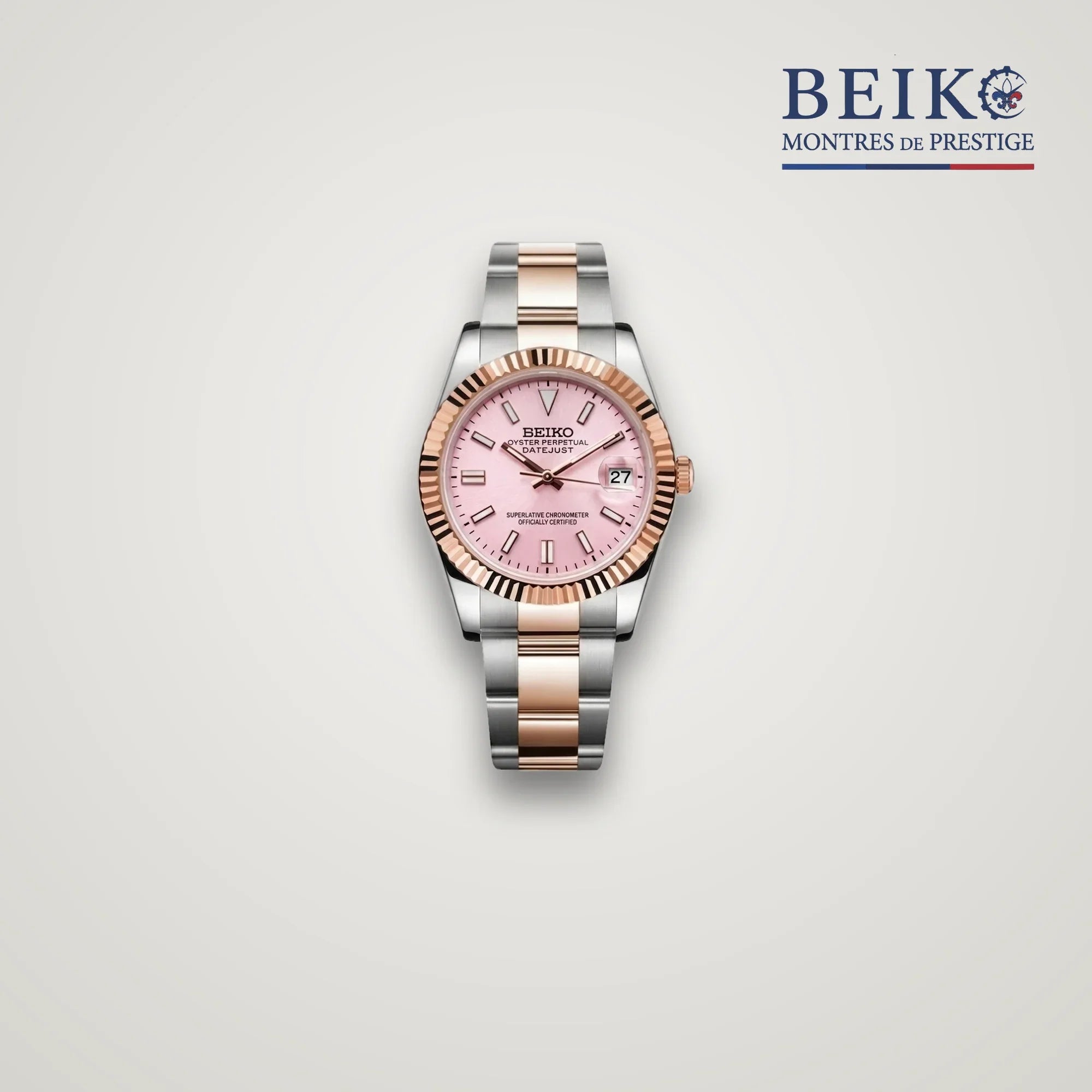 Seiko Mod classique acier et or rose cadran rose - montre automatique de prestige pour femme