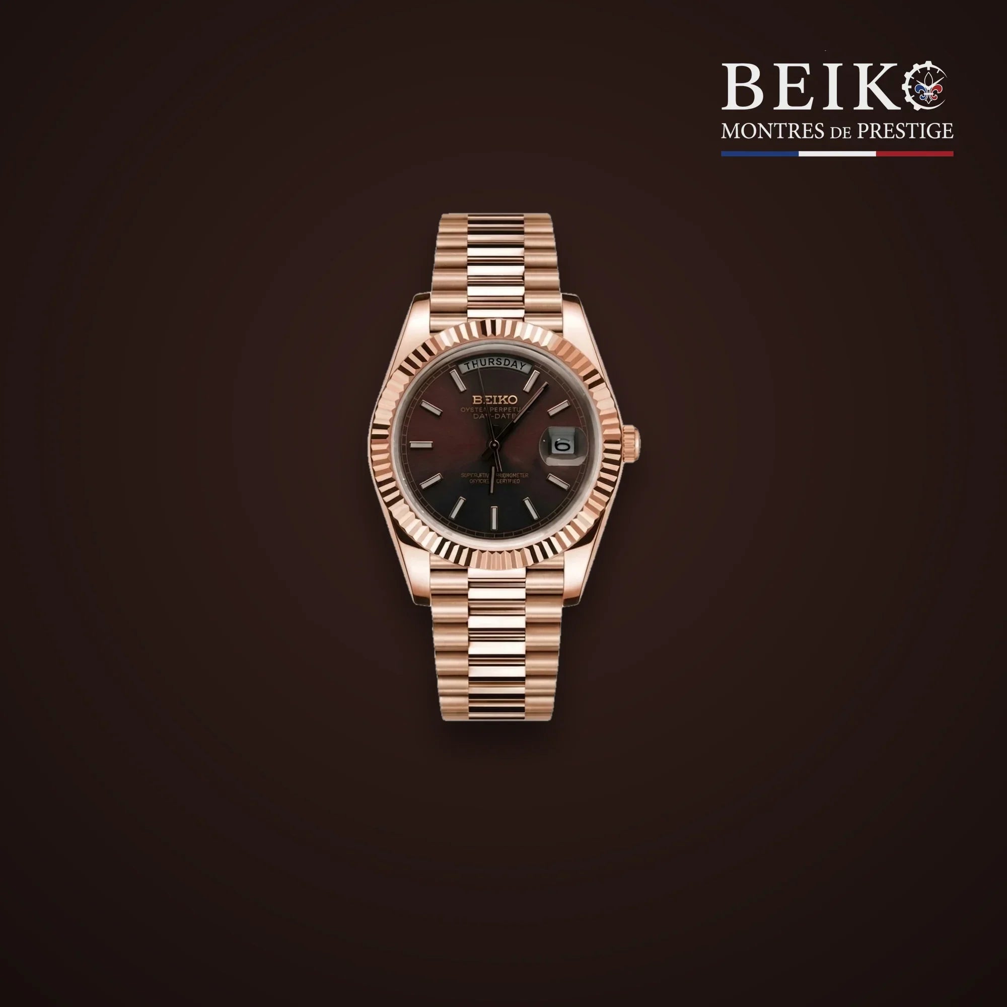 Seiko Mod classique or rose cadran chocolat calendrier - montre automatique de prestige pour homme