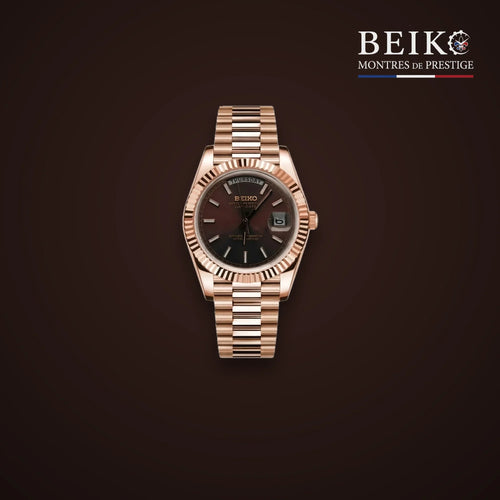 Seiko Mod classique or rose cadran chocolat calendrier - montre automatique de prestige pour homme