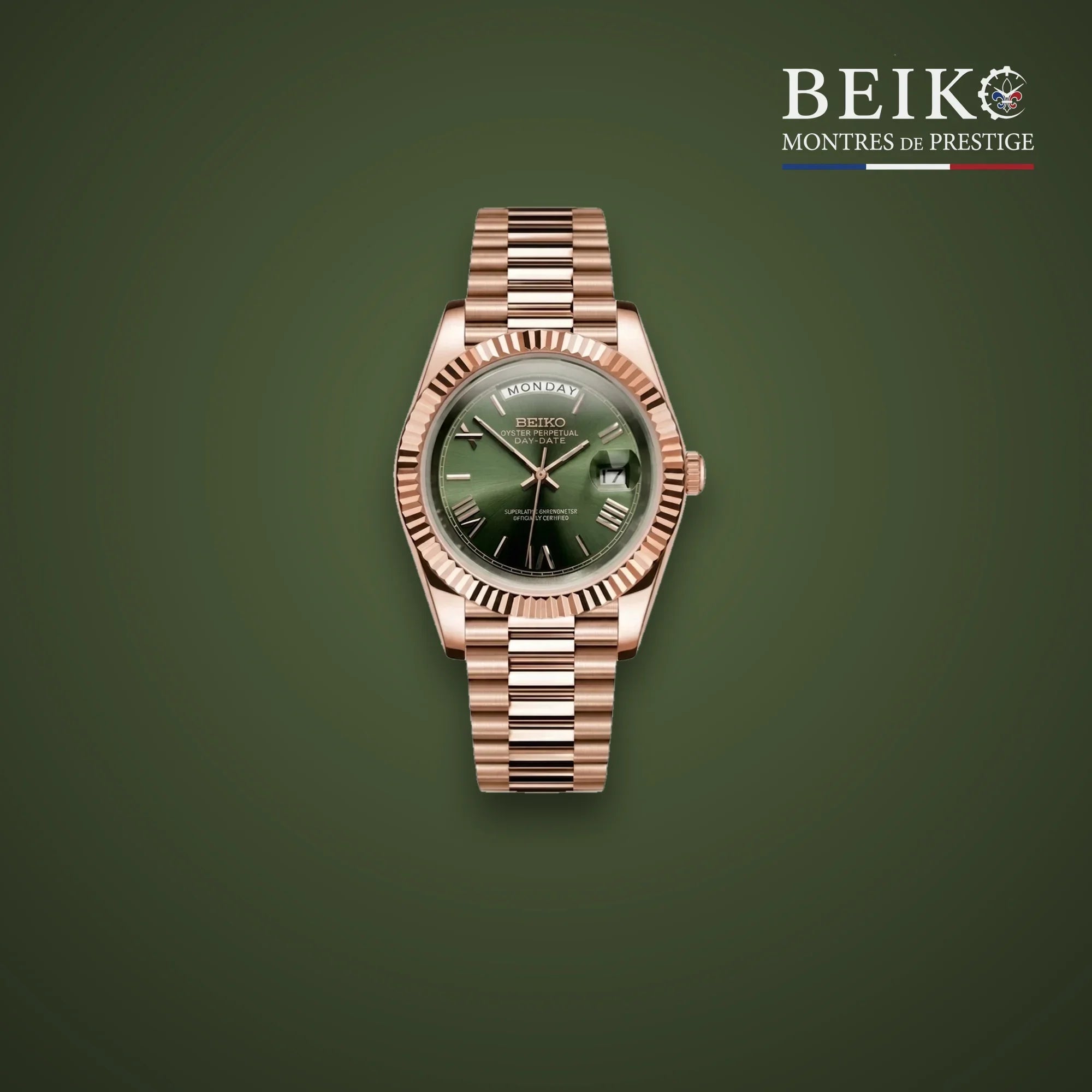 Seiko Mod classique or rose cadran vert calendrier - montre automatique de prestige pour homme
