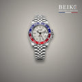 Seiko Mod GMT double fuseau acier cadran argent lunette bleu et rouge - montre automatique de prestige pour homme