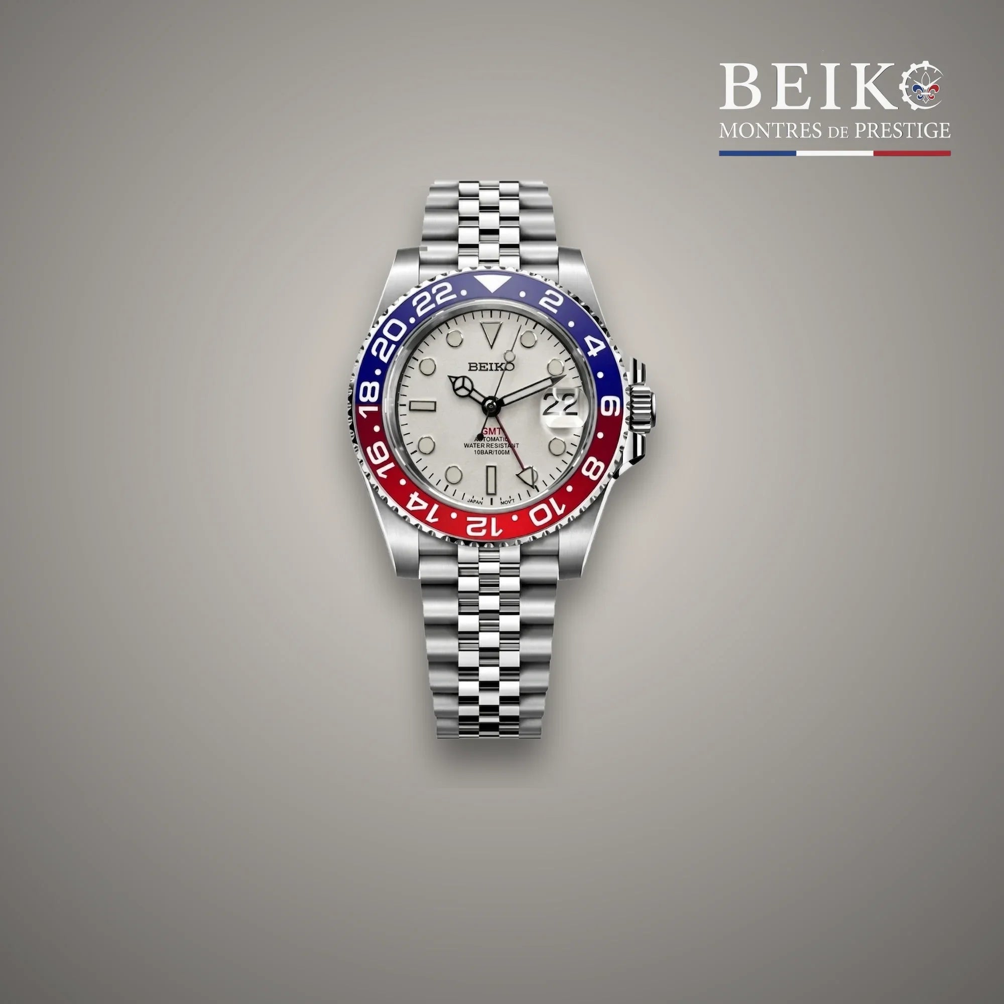 Seiko Mod GMT double fuseau acier cadran argent lunette bleu et rouge - montre automatique de prestige pour homme