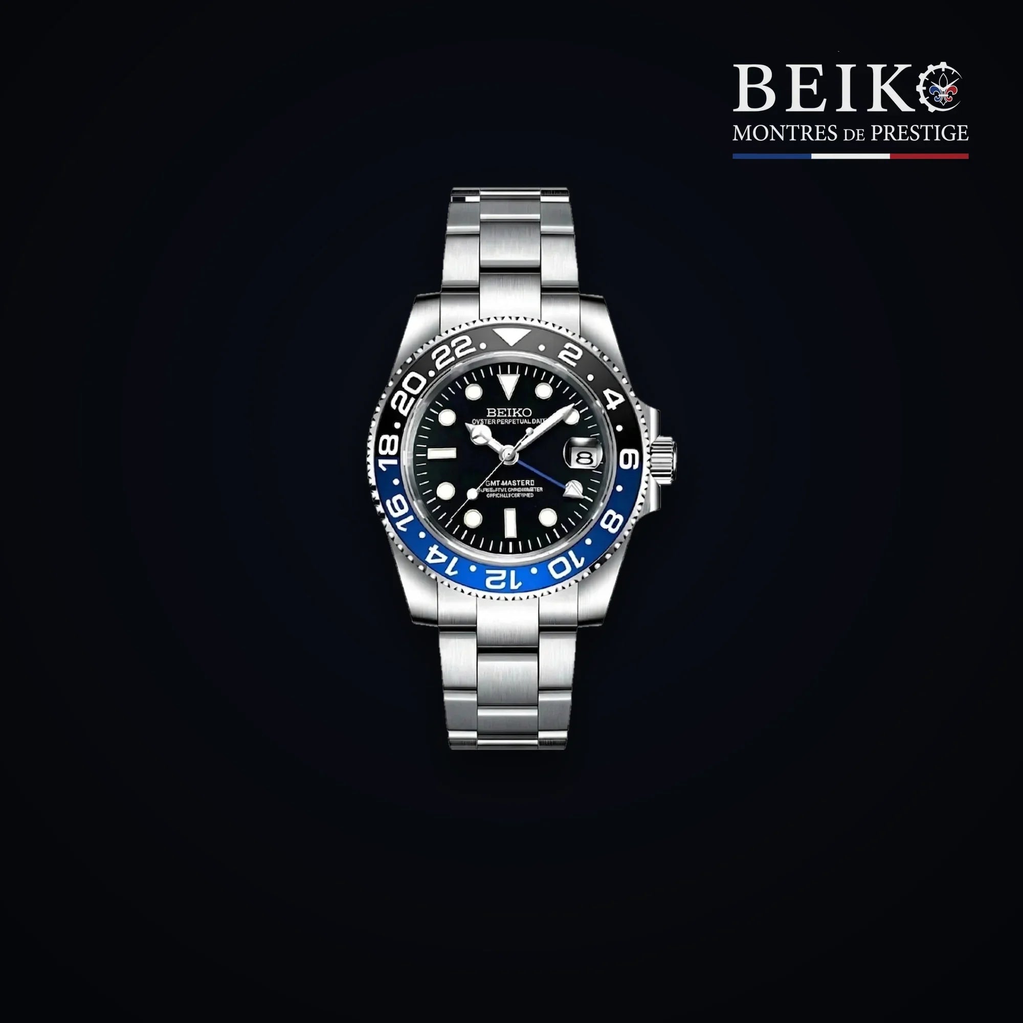 Seiko Mod GMT double fuseau acier lunette bleu et noir - montre automatique de prestige pour homme