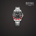 Seiko Mod GMT double fuseau acier lunette noir et rouge - montre automatique de prestige pour homme