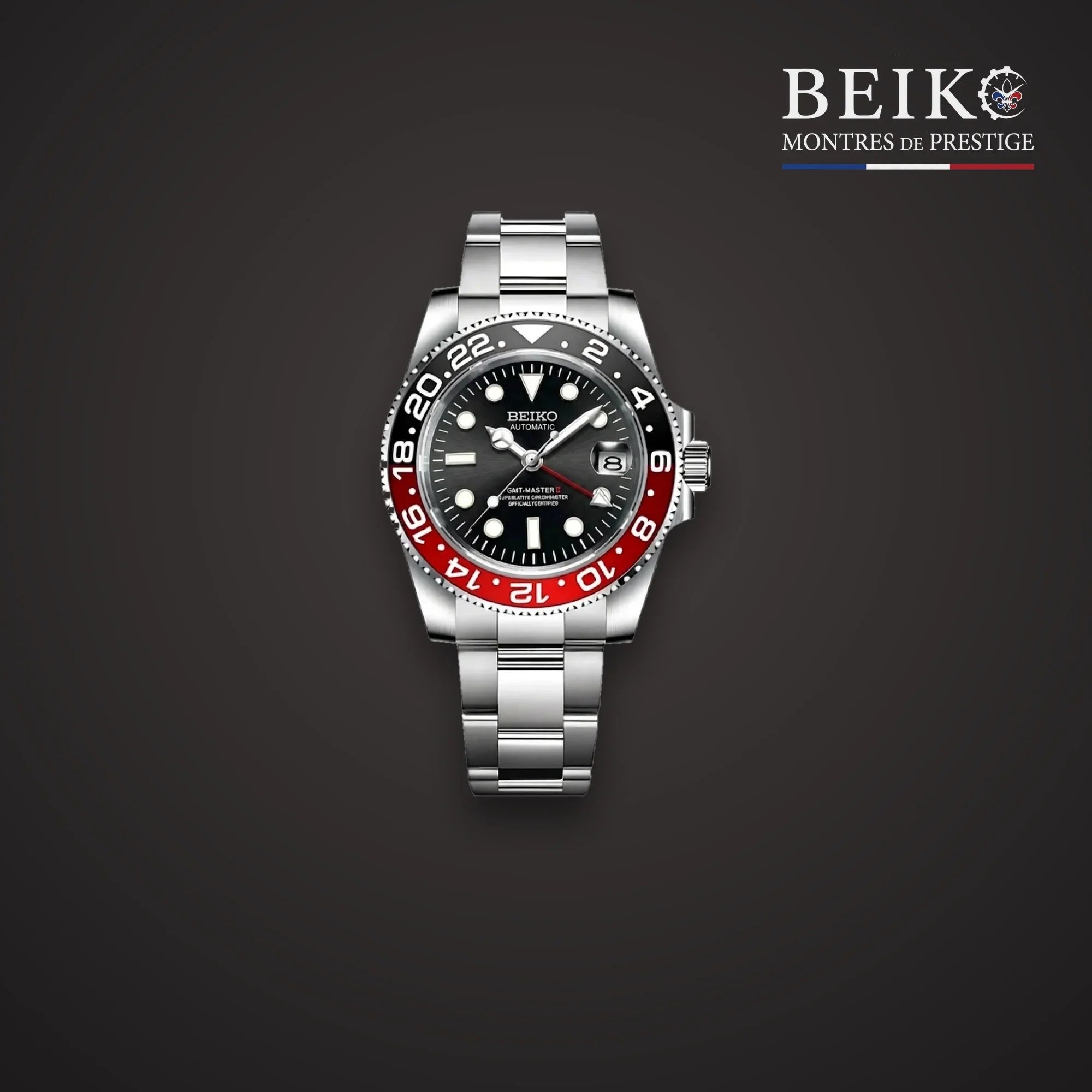 Seiko Mod GMT double fuseau acier lunette noir et rouge - montre automatique de prestige pour homme