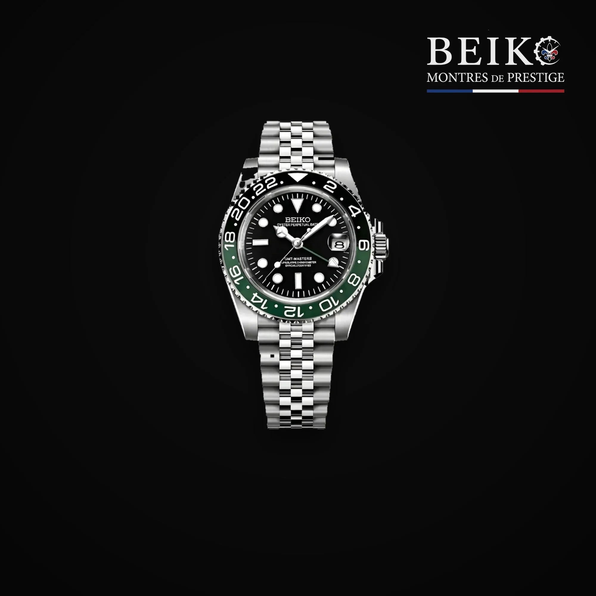 Seiko Mod GMT double fuseau acier lunette vert et noir - montre automatique de prestige pour homme