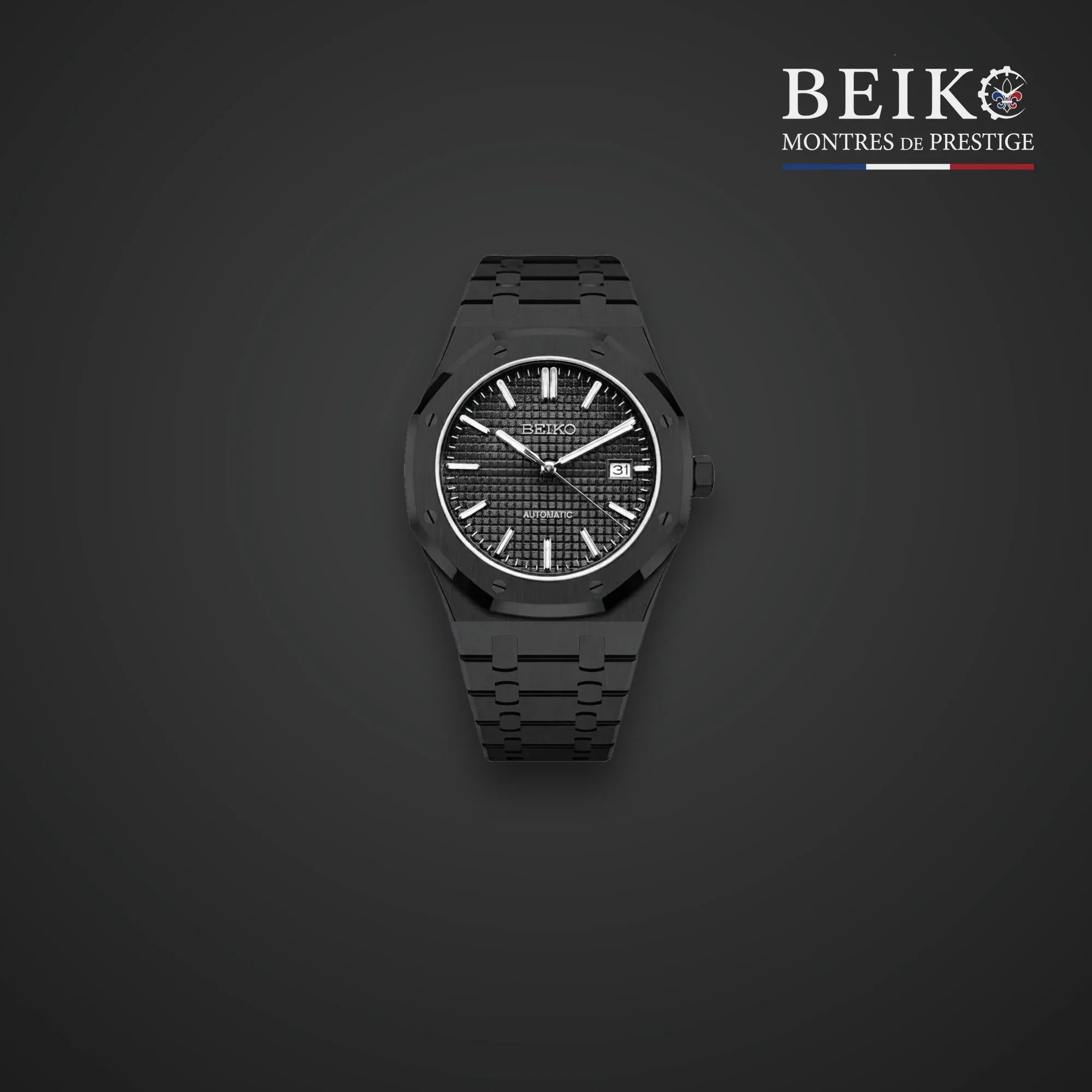 Seiko Mod octogonale acier cadran noir texture - montre automatique de prestige pour homme
