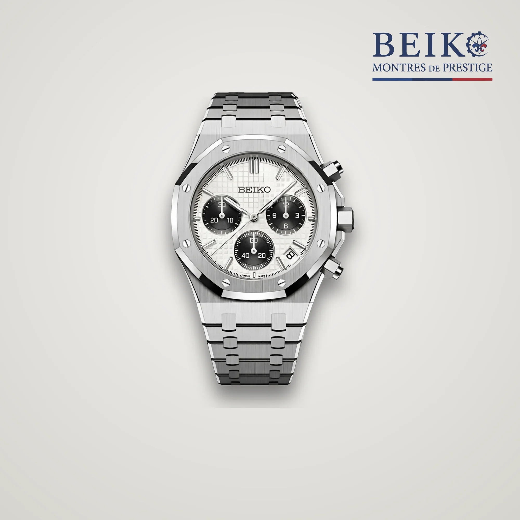 Seiko Mod octogonale acier chronographe cadran blanc - montre automatique de prestige pour homme