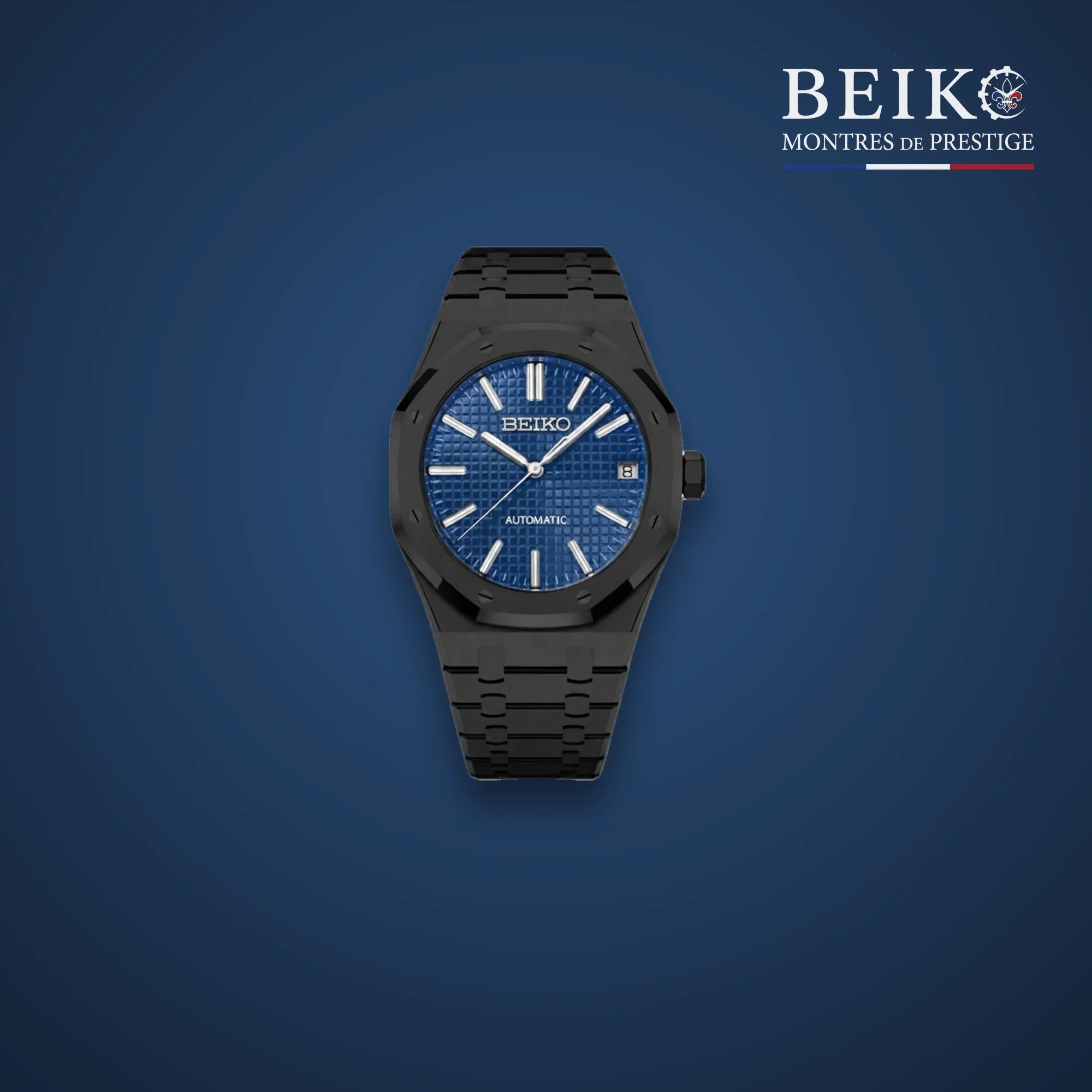 Seiko Mod octogonale noire cadran bleu - montre automatique de prestige pour homme