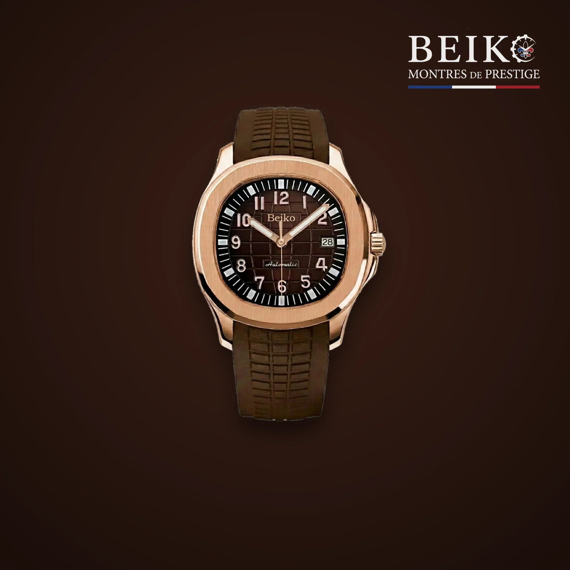 Seiko Mod or rose cadran noir bracelet caoutchouc - montre automatique de prestige pour homme