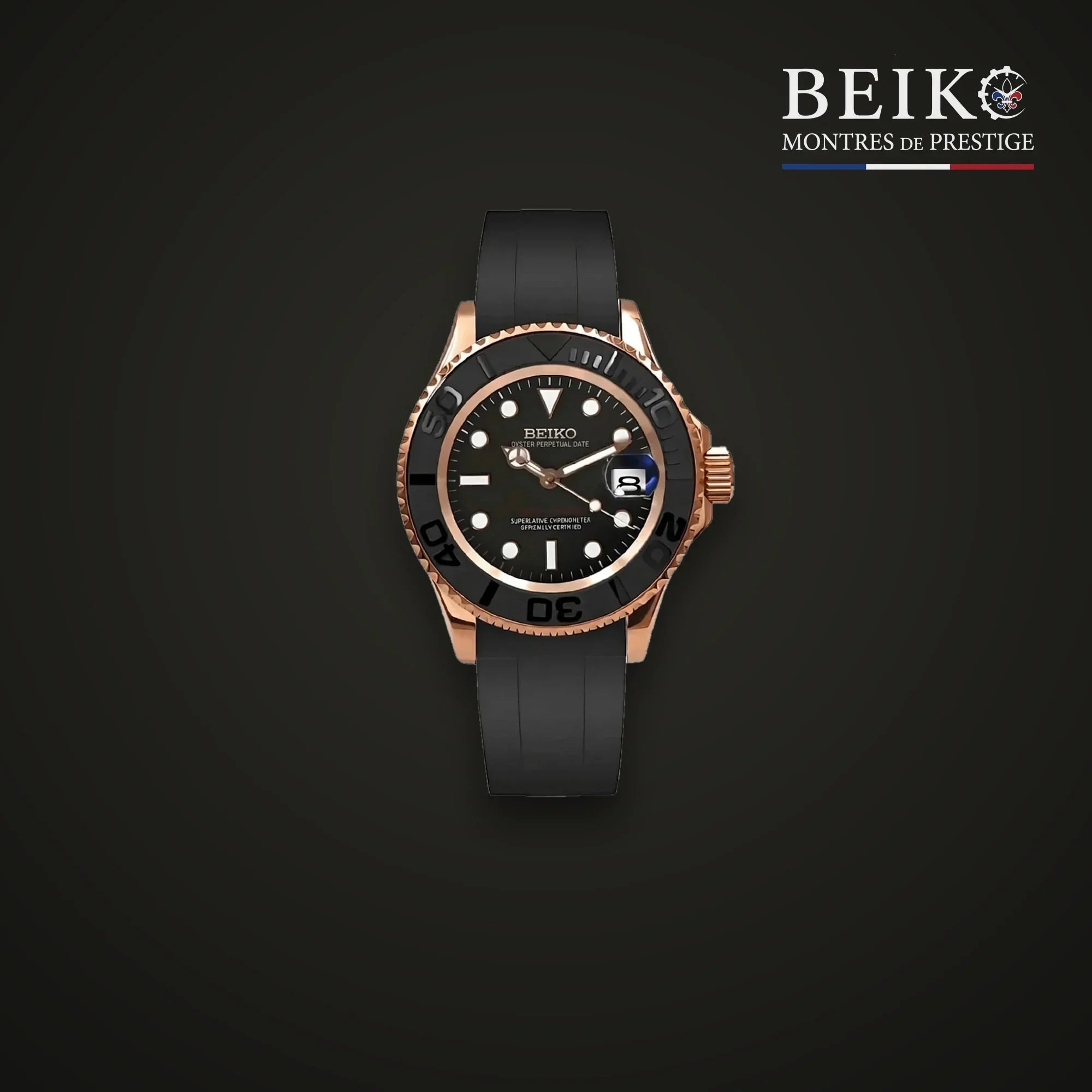Seiko Mod plongee or rose cadran noir bracelet caoutchouc - montre automatique de prestige pour homme