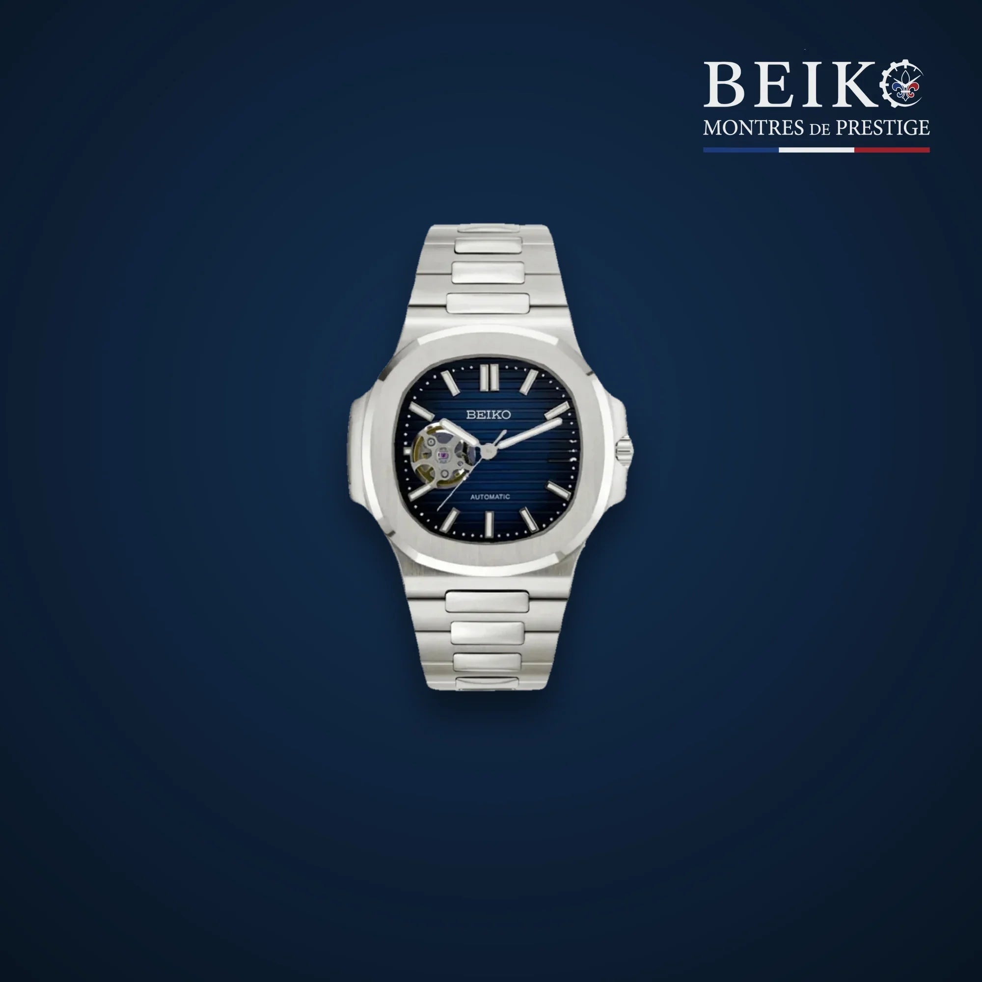 Seiko Mod sport acier bracelet integre cadran bleu coeur ouvert - montre automatique de prestige pour homme
