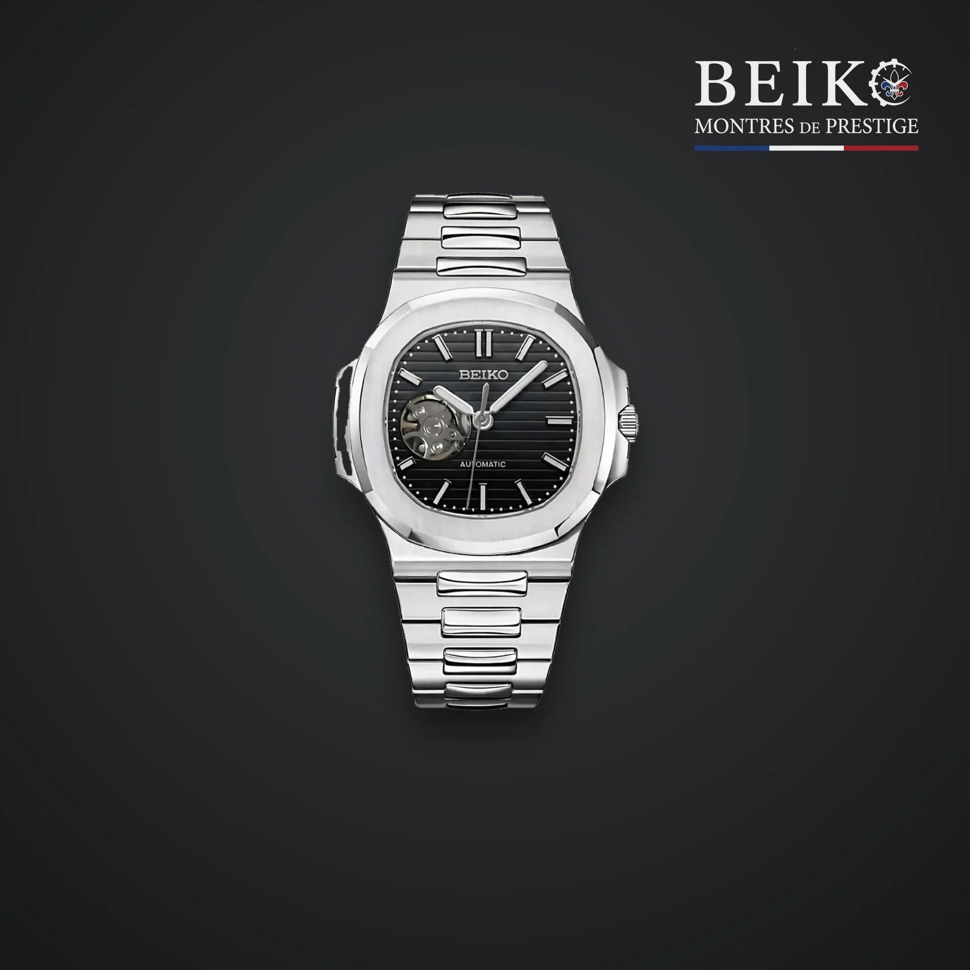 Seiko Mod sport acier bracelet integre cadran gris coeur ouvert - montre automatique de prestige pour homme