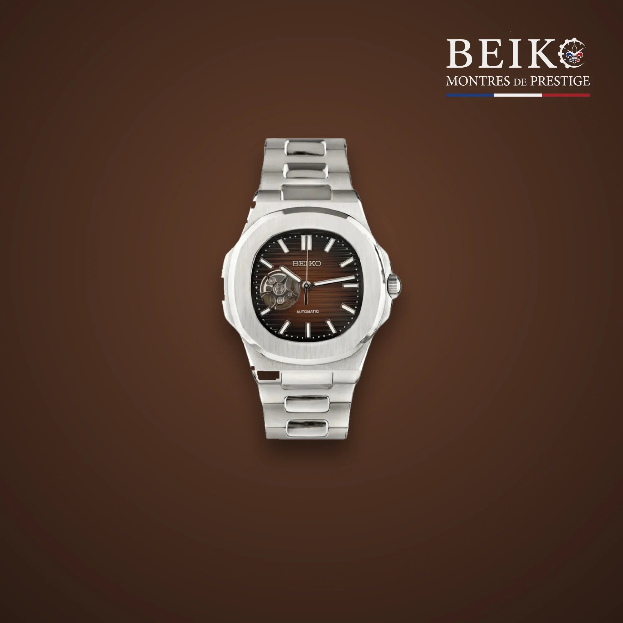 Seiko Mod sport acier bracelet integre cadran marron coeur ouvert - montre automatique de prestige pour homme
