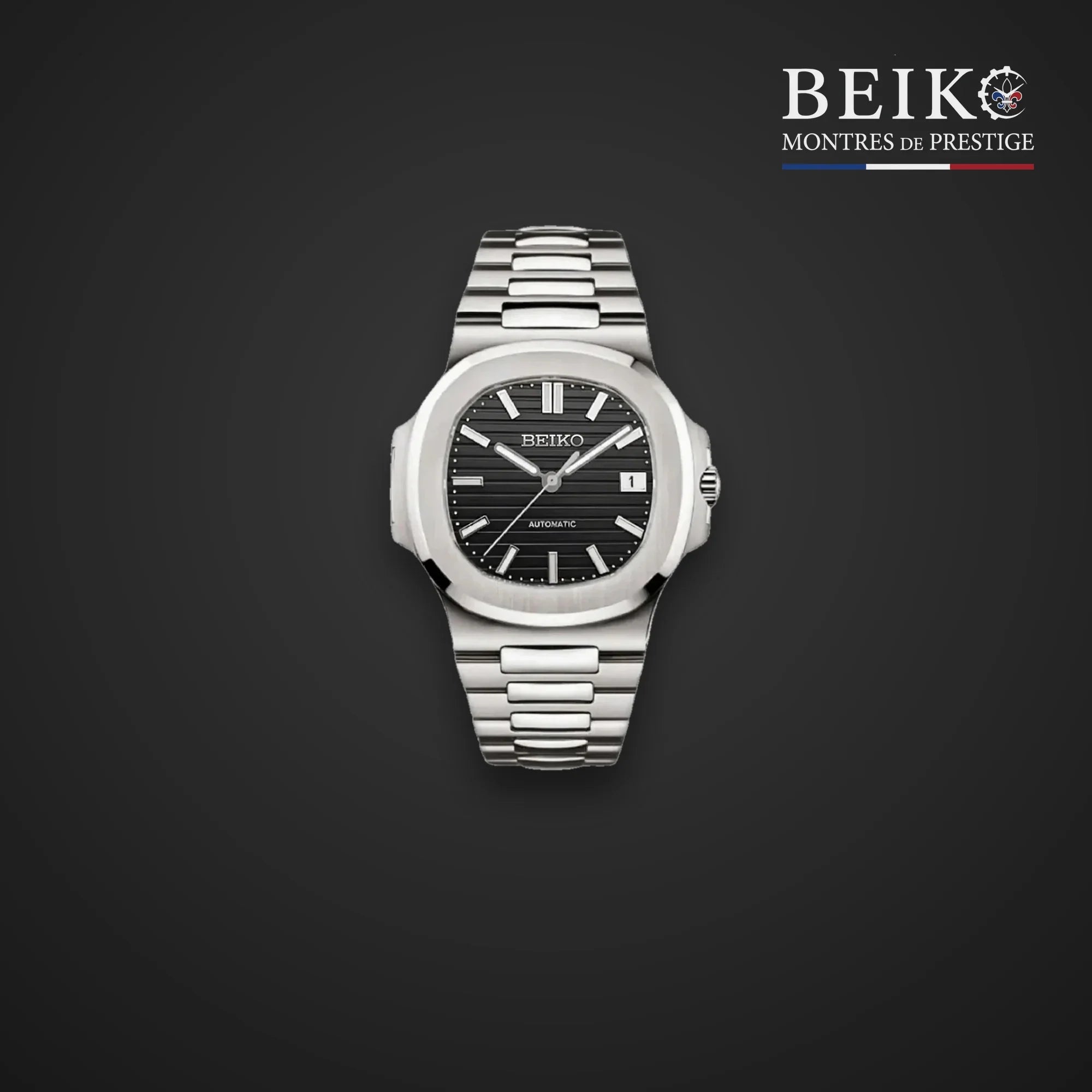 Seiko Mod sport acier bracelet integre cadran noir fonce - montre automatique de prestige pour homme