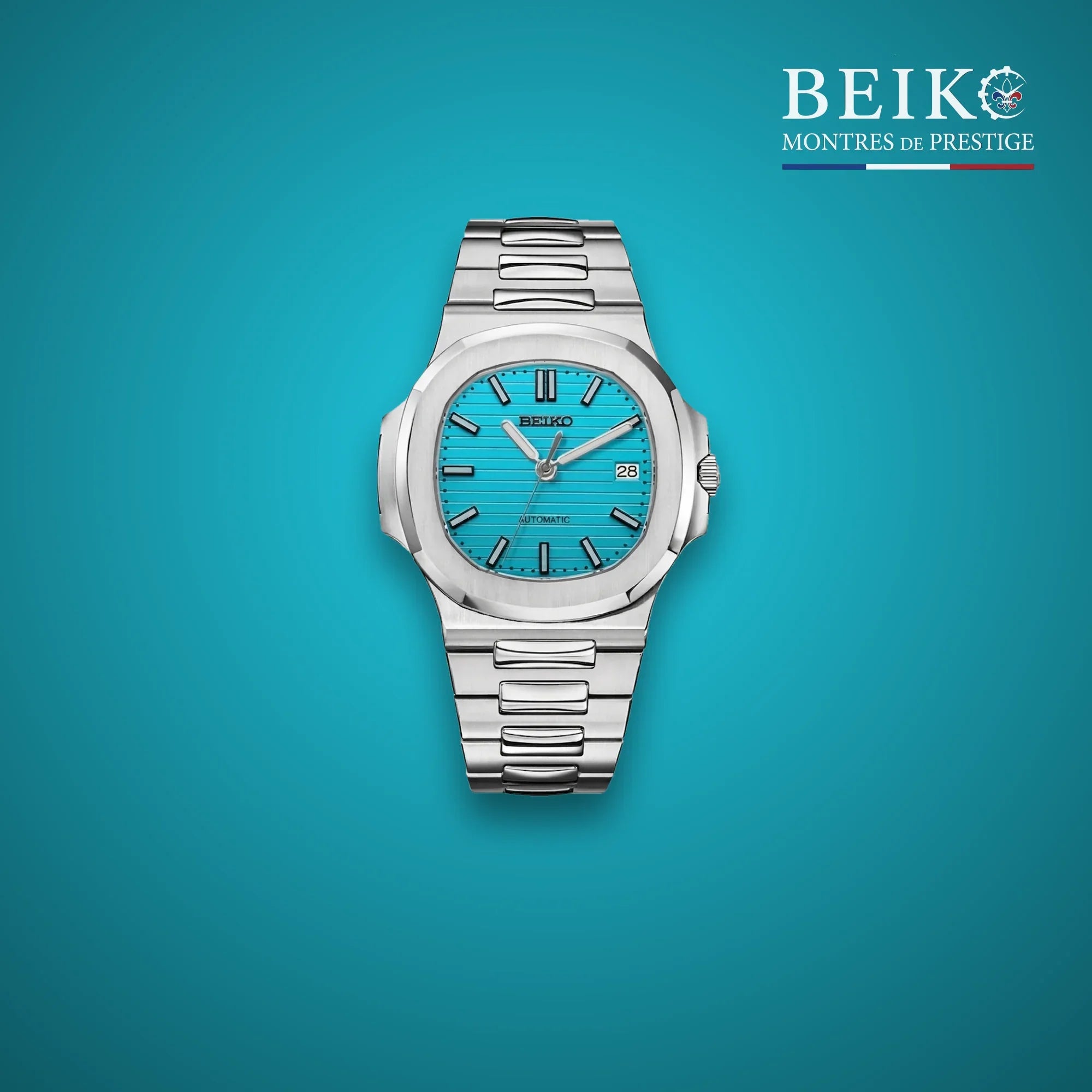 Seiko Mod sport acier bracelet integre cadran turquoise - montre automatique de prestige pour homme