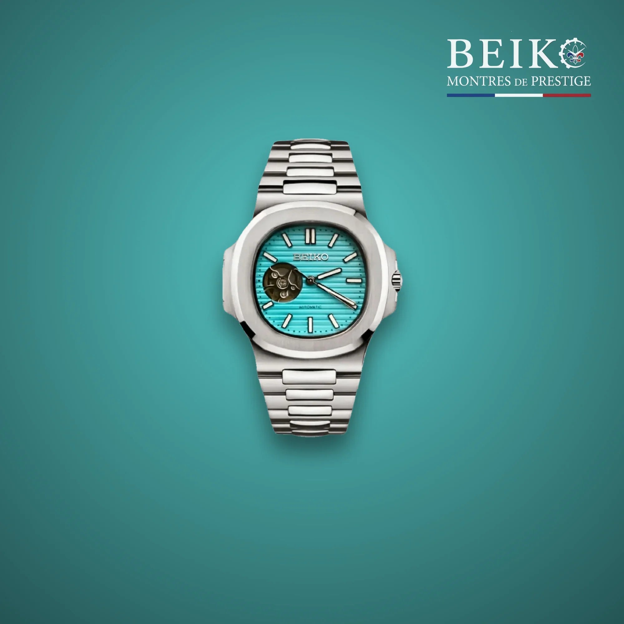 Seiko Mod sport acier bracelet integre cadran turquoise coeur ouvert - montre automatique de prestige pour homme