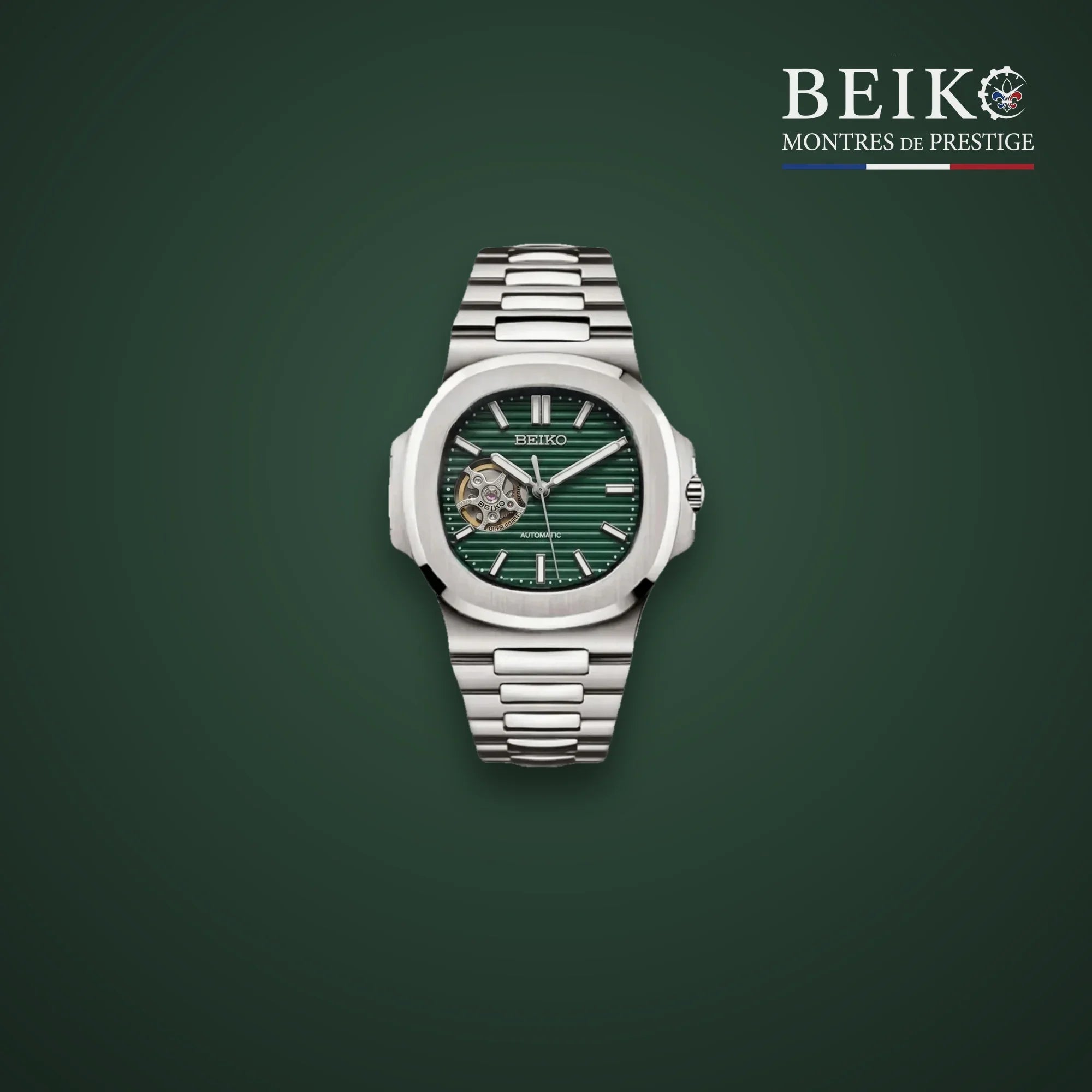 Seiko Mod sport acier bracelet integre cadran vert coeur ouvert - montre automatique de prestige pour homme