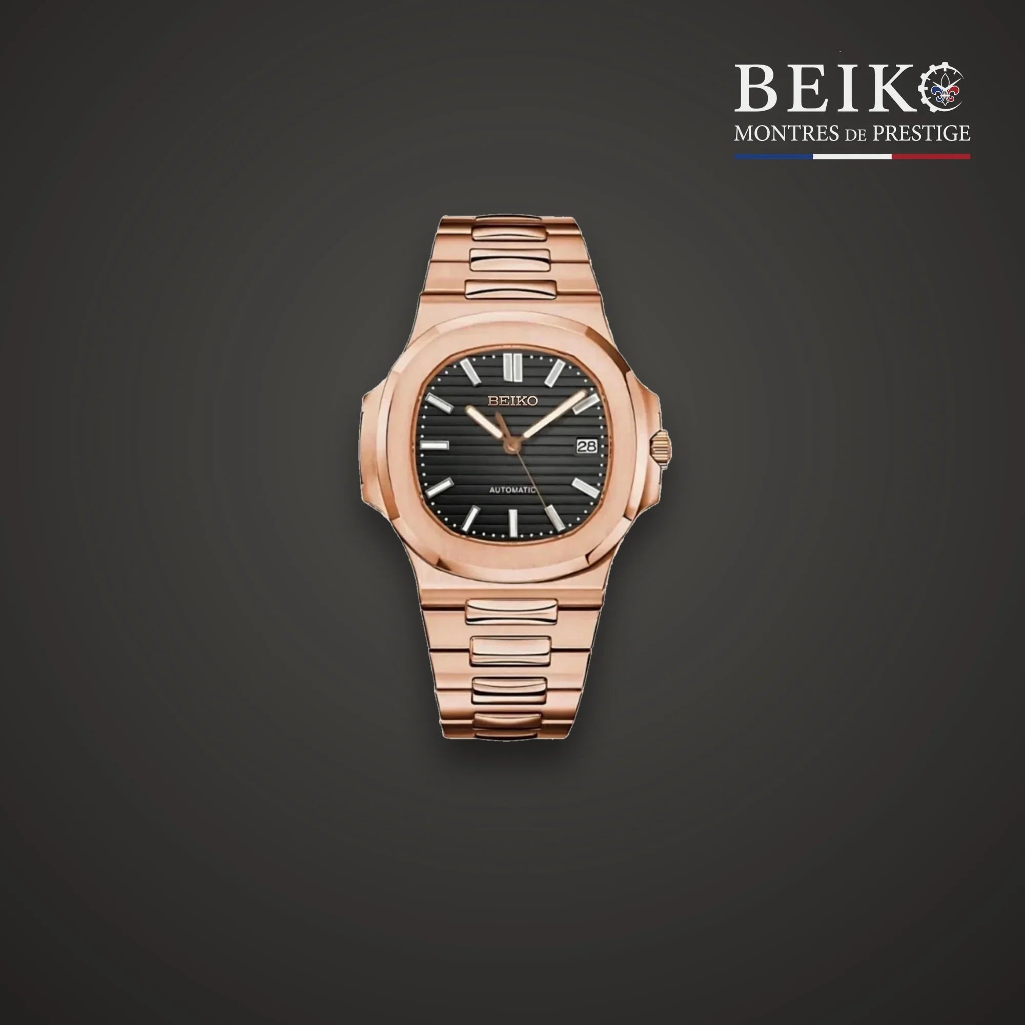 Seiko Mod sport or rose bracelet integre cadran noir - montre automatique de prestige pour homme
