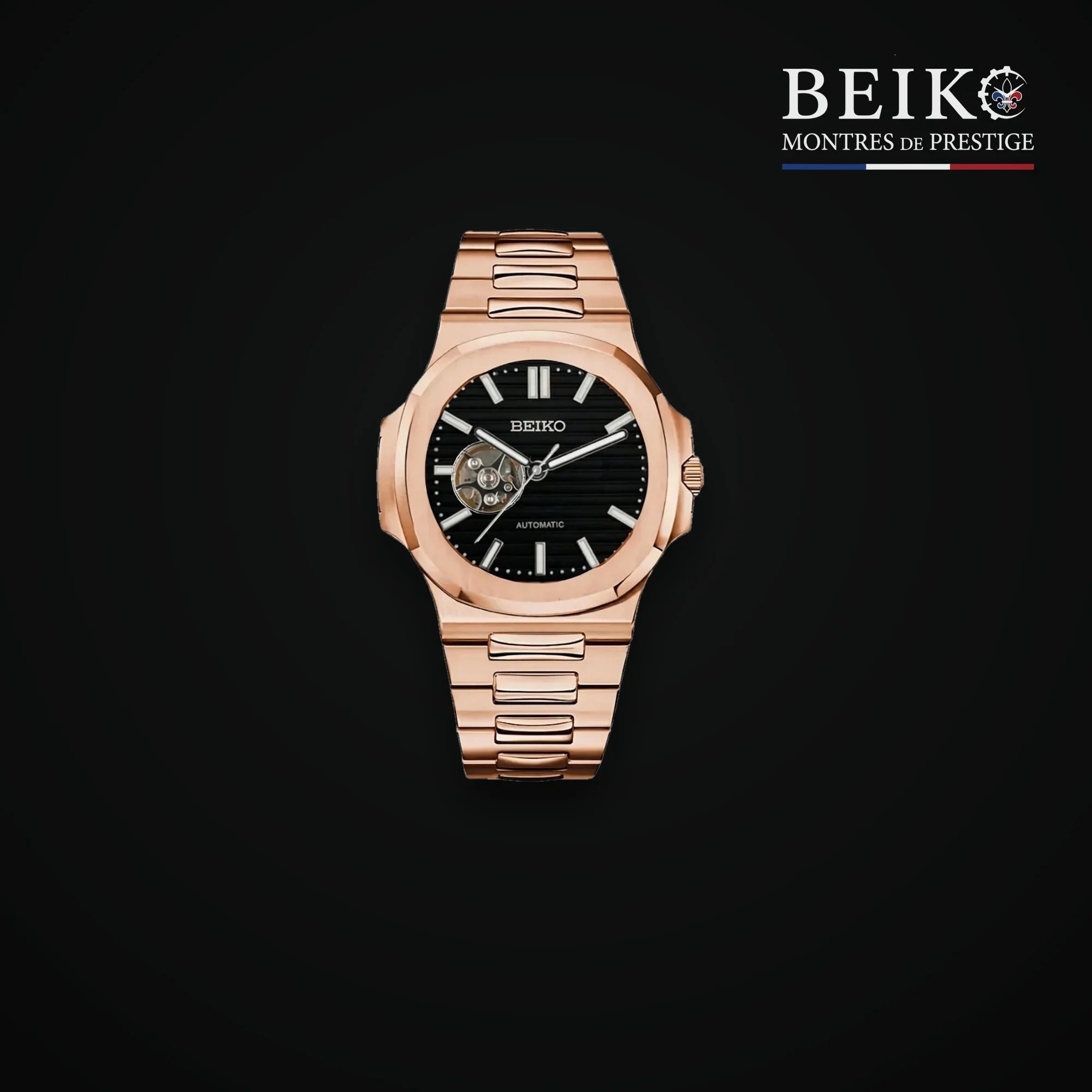 Seiko Mod sport or rose bracelet integre cadran noir coeur ouvert - montre automatique de prestige pour homme