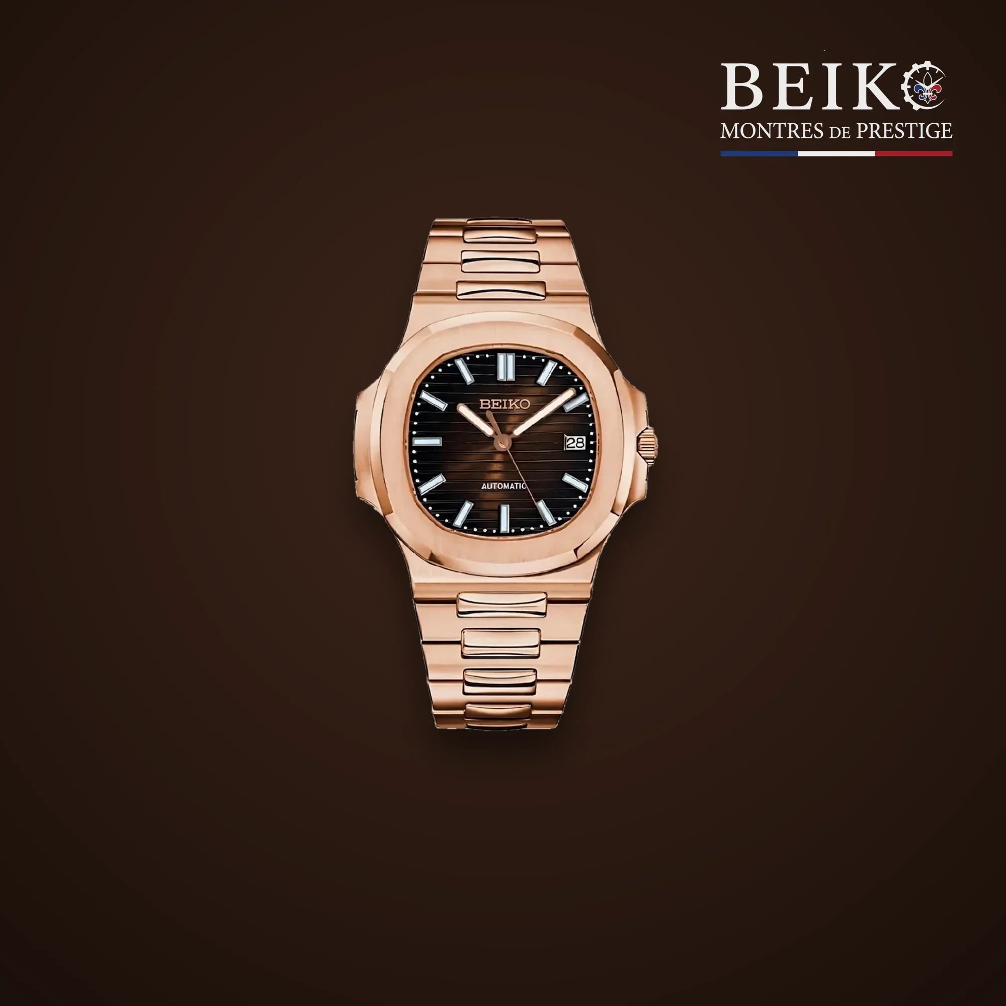Seiko Mod sport or rose bracelet integre cadran noir elegant - montre automatique de prestige pour homme