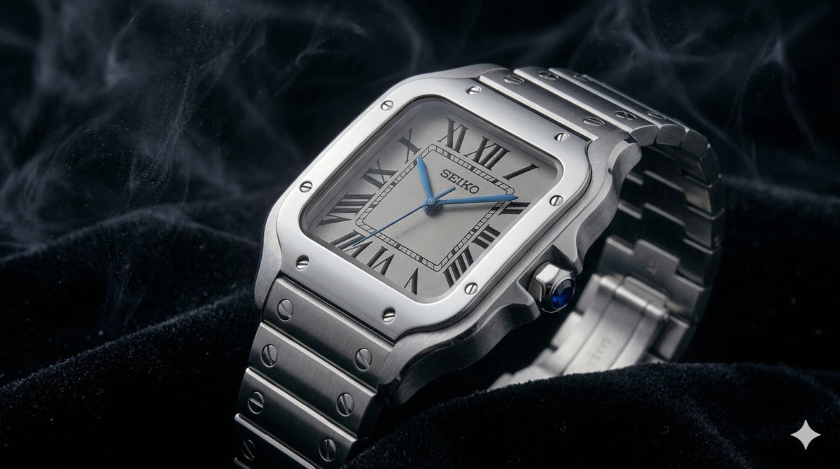 Seiko Mod Santos boîtier carré blanc, gros plan cadran — montre automatique Beiko