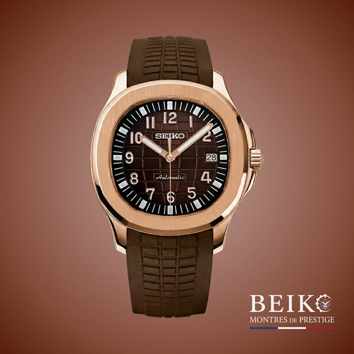 Seiko Mod Aquanaut, boîtier plaqué or rose chocolat — montre automatique NH35, verre saphir, boîtier acier, Beiko
