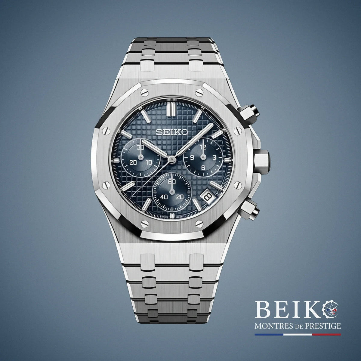 Seiko Mod chronographe boîtier acier bleu — montre méca-quartz VK63, verre saphir, boîtier acier, Beiko