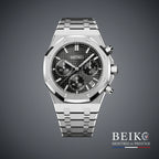 Seiko Mod chronographe boîtier acier noir — montre méca-quartz VK63, verre saphir, boîtier acier, Beiko
