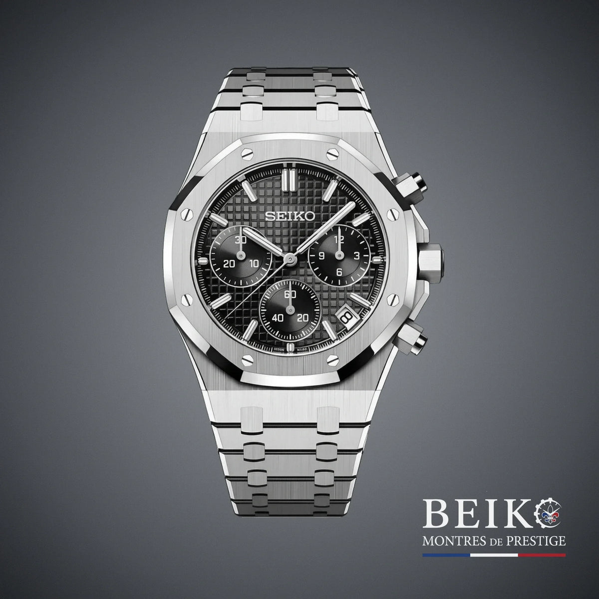 Seiko Mod chronographe boîtier acier noir — montre méca-quartz VK63, verre saphir, boîtier acier, Beiko