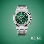 Seiko Mod chronographe boîtier acier vert — montre méca-quartz VK63, verre saphir, boîtier acier, Beiko