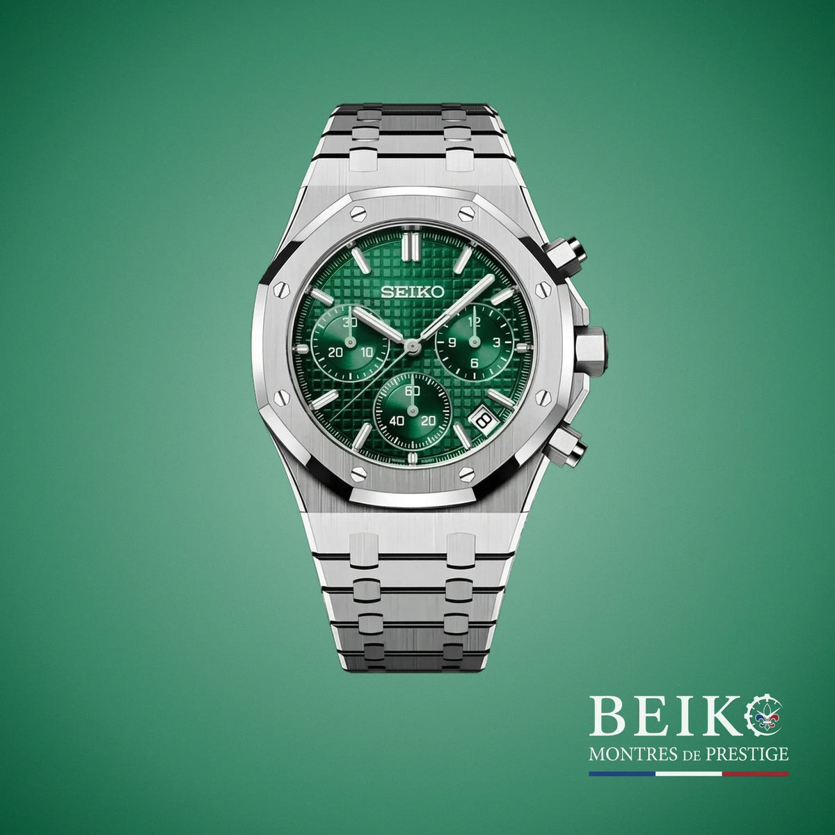 Seiko Mod chronographe boîtier acier vert — montre méca-quartz VK63, verre saphir, boîtier acier, Beiko