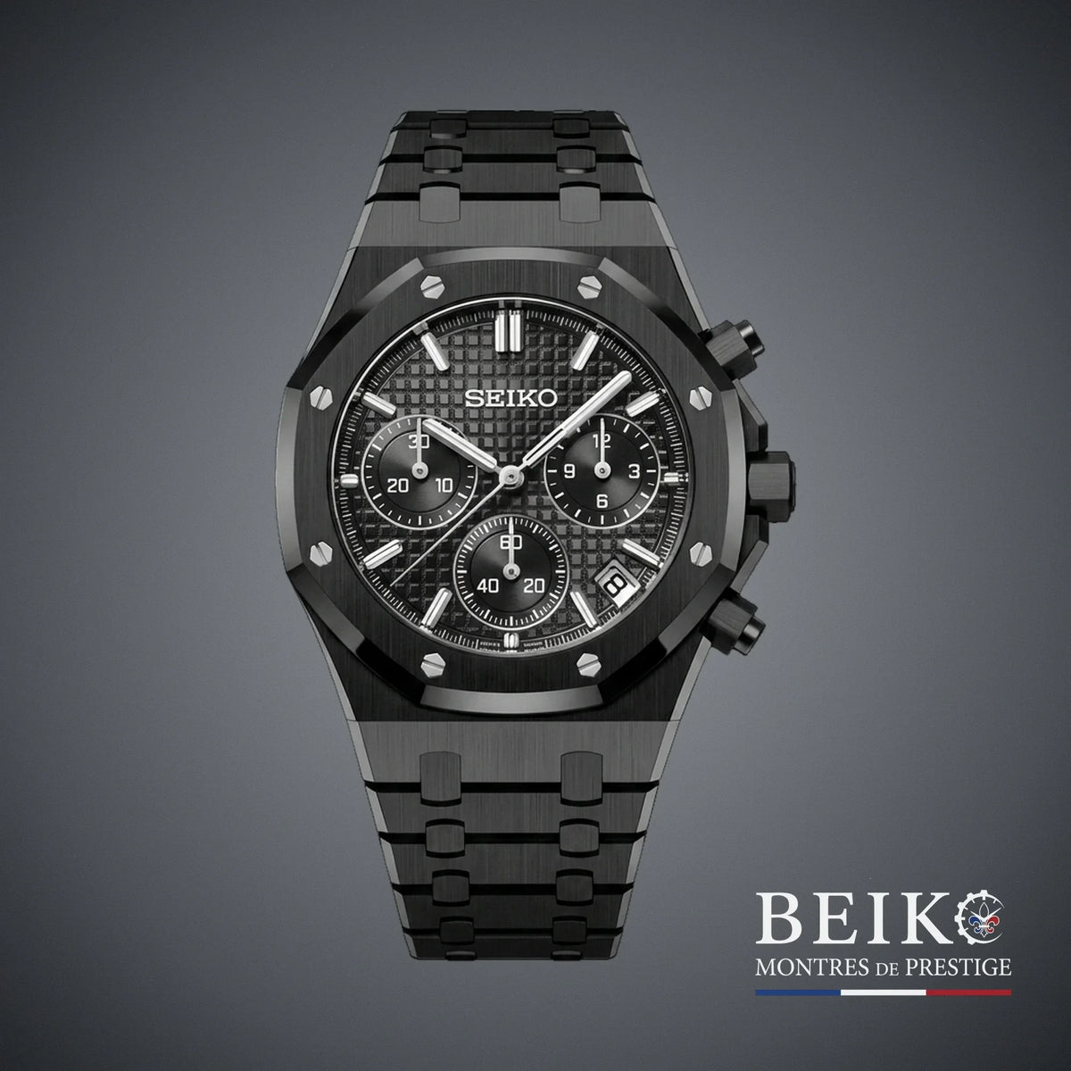 Seiko Mod chronographe boîtier et cadran noir — montre méca-quartz VK63, verre saphir, boîtier acier, Beiko
